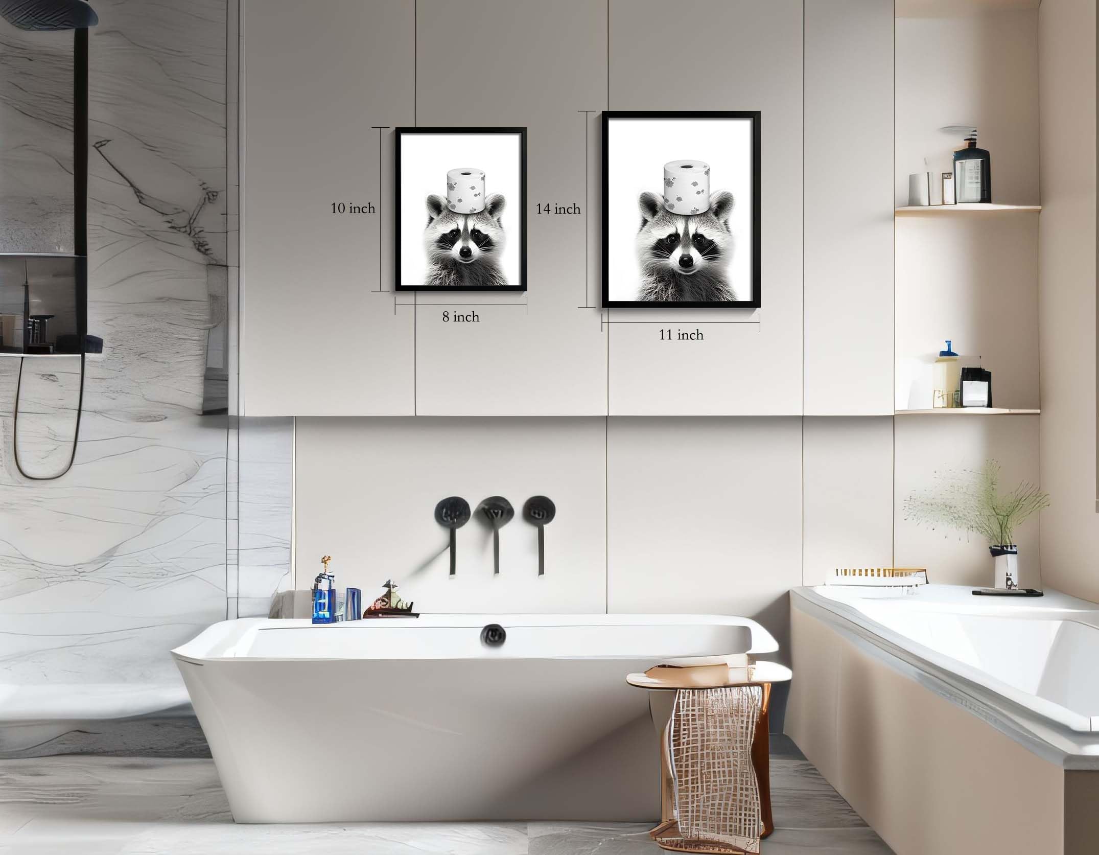 Framed Cute Raccoon Wall Art, Funny Bathroom Decor Wall Art, Black And White Canvas Print Farmhouse Wall Decor, Ready To Hang Ki