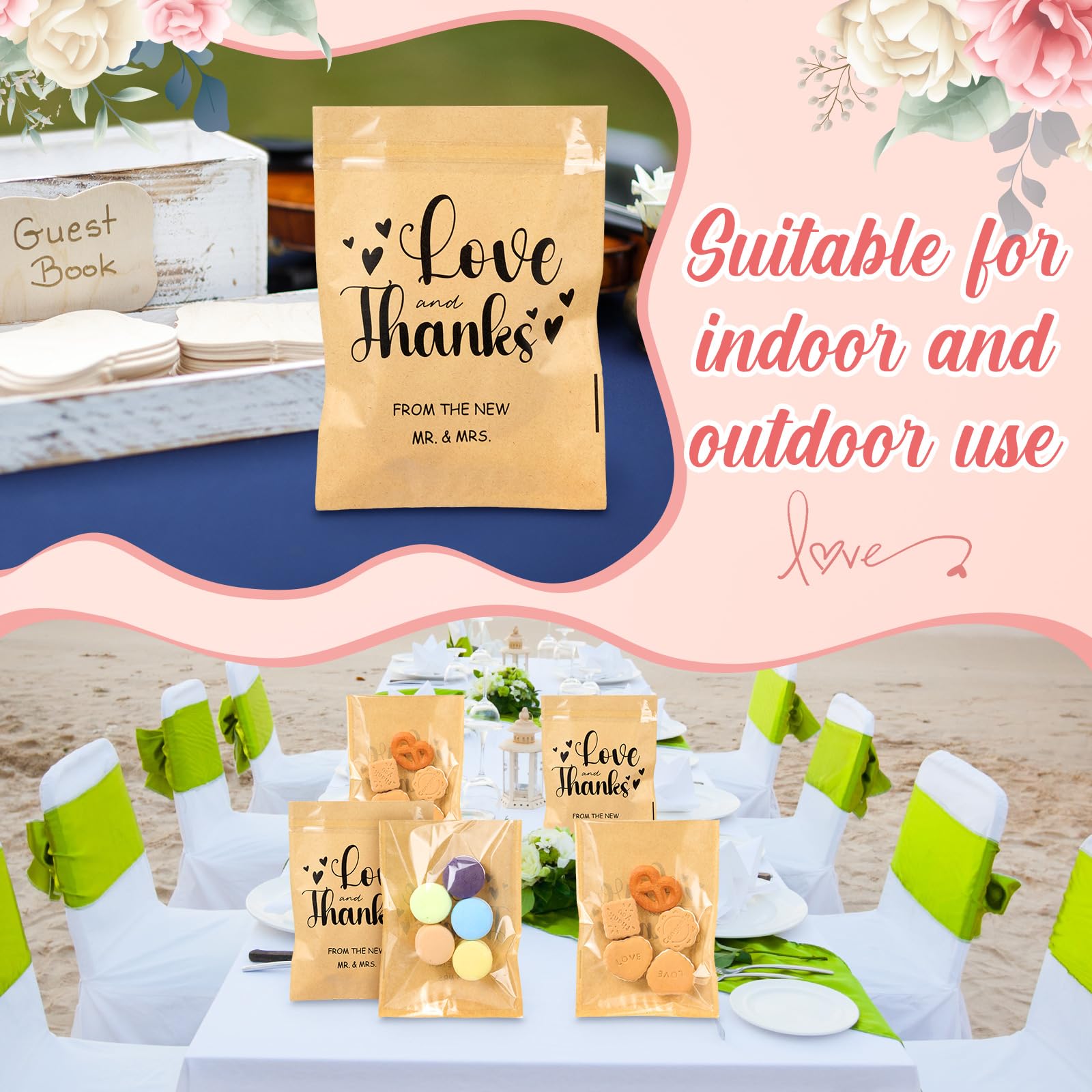 MotiMind 100 Pcs Clear Wedding Cookie Bags Front Paper Self-adhesive Gift Bags Thank You Kraft Paper Treat Candy Container for W