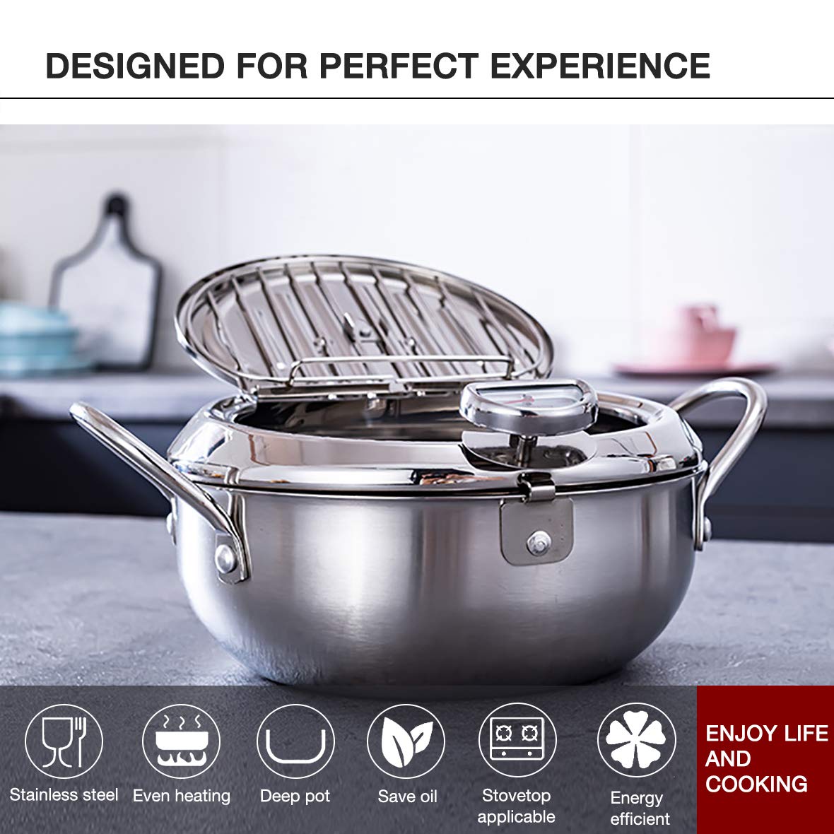 Eamate Tempura Fry Pot, Stainless Steel Tempura Deep Fryer With Thermometer, 8 Inches, Mini Size Perfect For 2-3 People