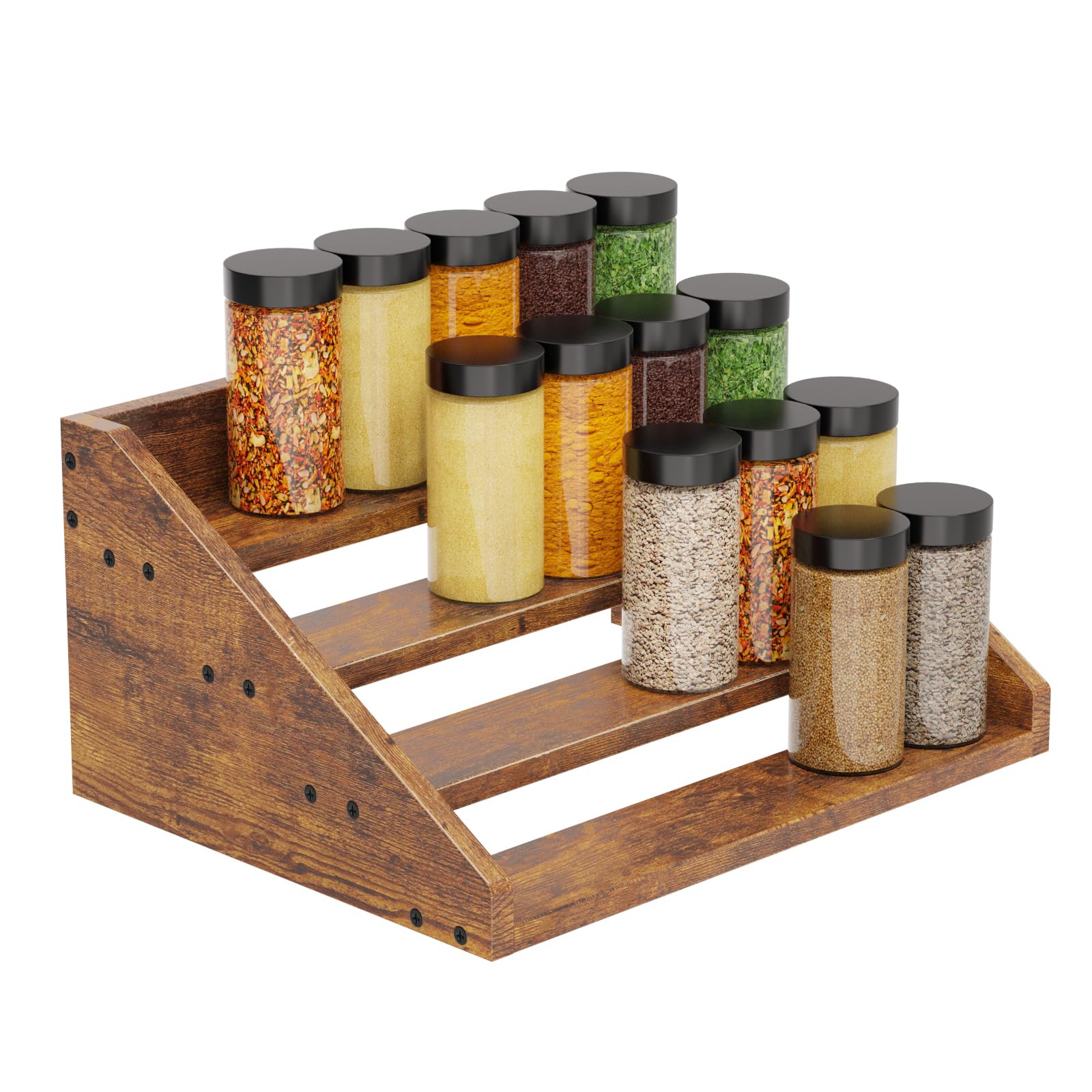 3 Tier Wood Spice Rack Organizer For Cabinet, Super Sturdy Display Riser Shelf Seasoning Organizer For Countertop Pantry Cupboar