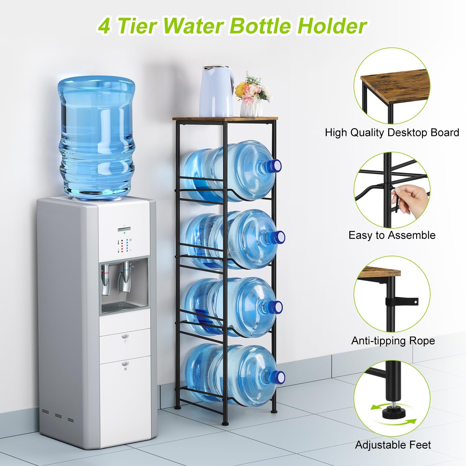 Eteli 5 Gallon Water Bottle Holder Organizer 4 Tier Water Cooler Jug Rack With Storage Shelves Water Bottle Dispenser Stand For