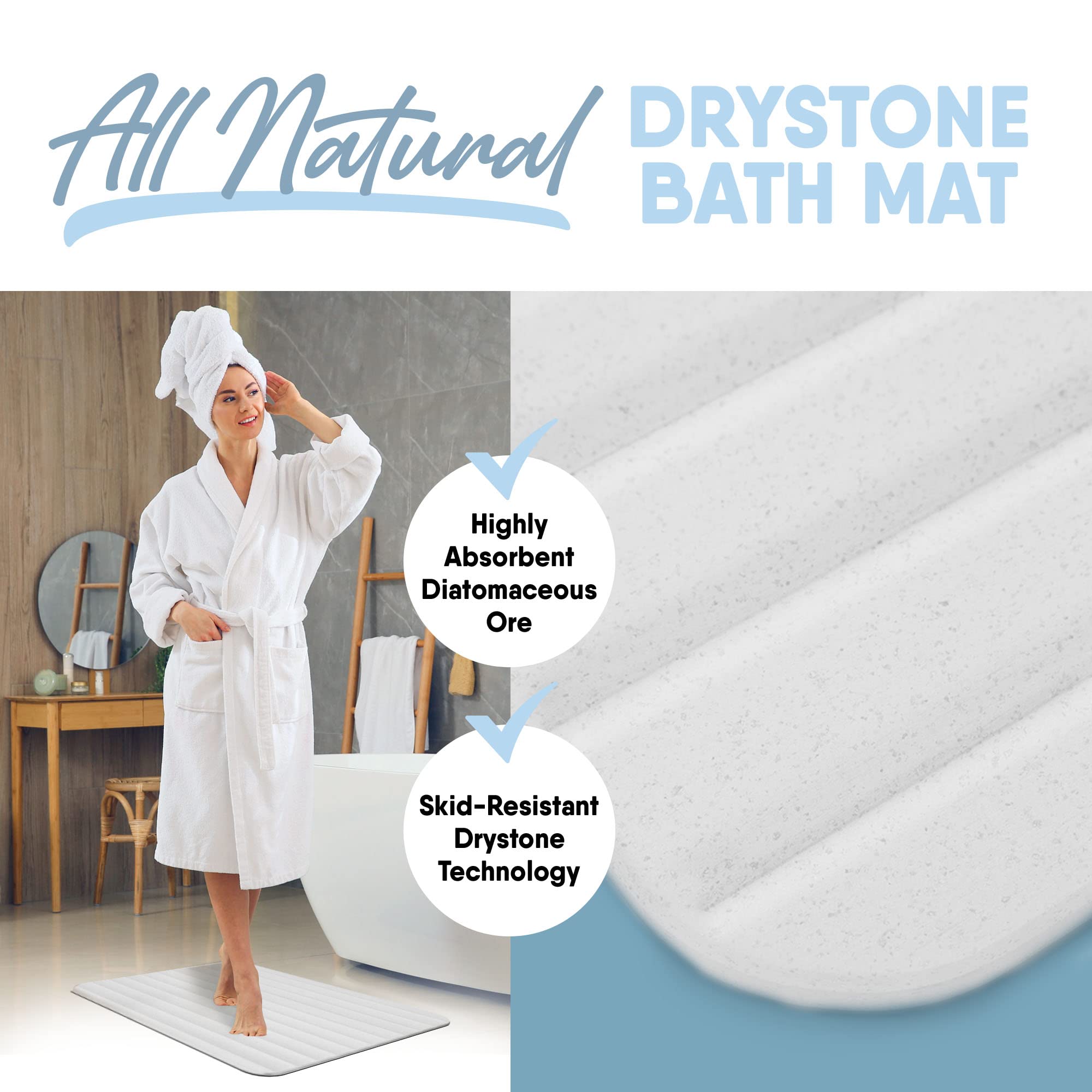 Microdry Drystone Absorbent Made With Real Stone For Super Fast Drying, Lightweight And Shock Resistant 18 X 23 Bath Mat, White