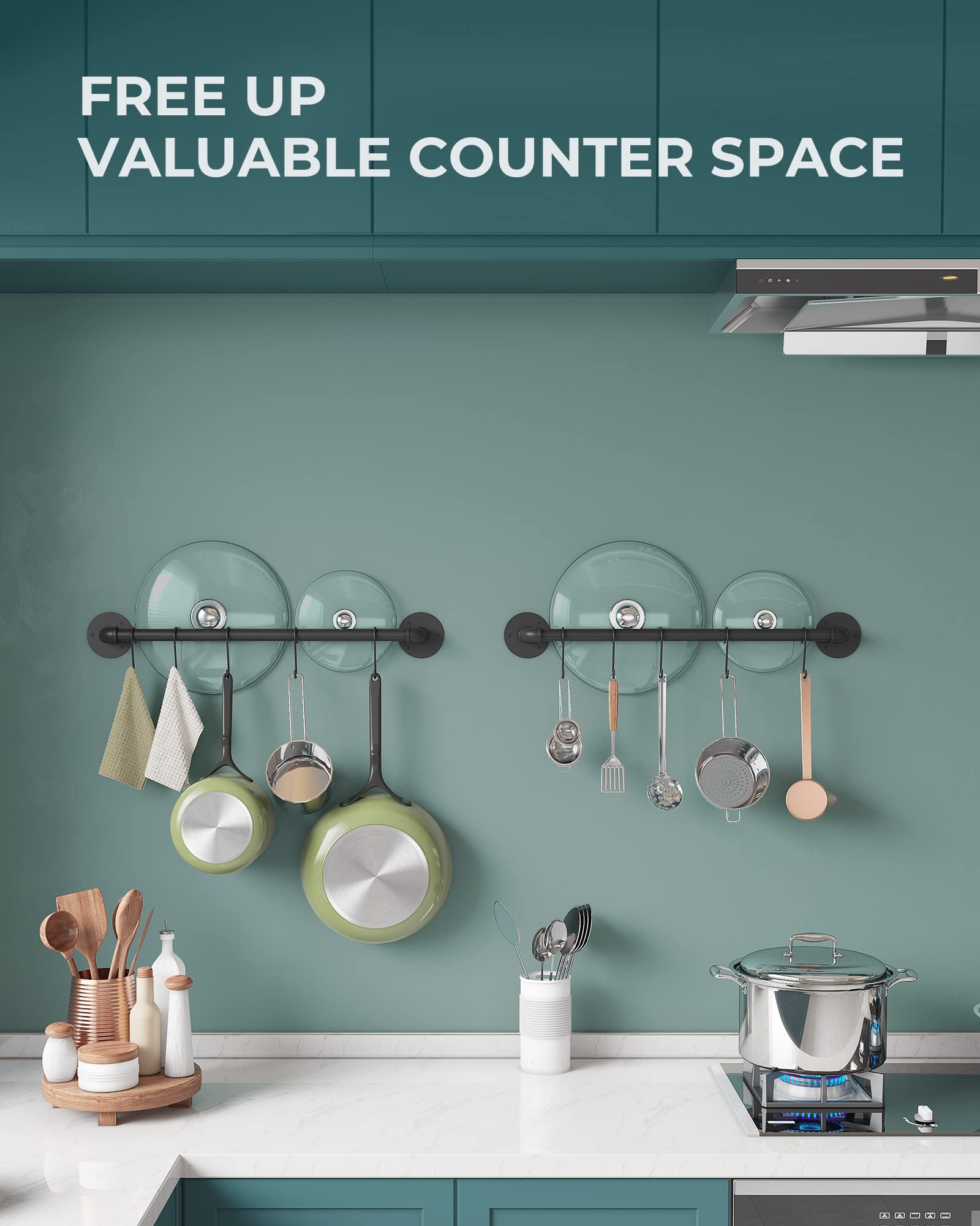 Oropy Wall Mounted Pot Pan Rack 21'' Set Of 2, Industrial Utensils Wall Hanger Iron Pipe Kitchen Hanging Rail With 10 S Hooks