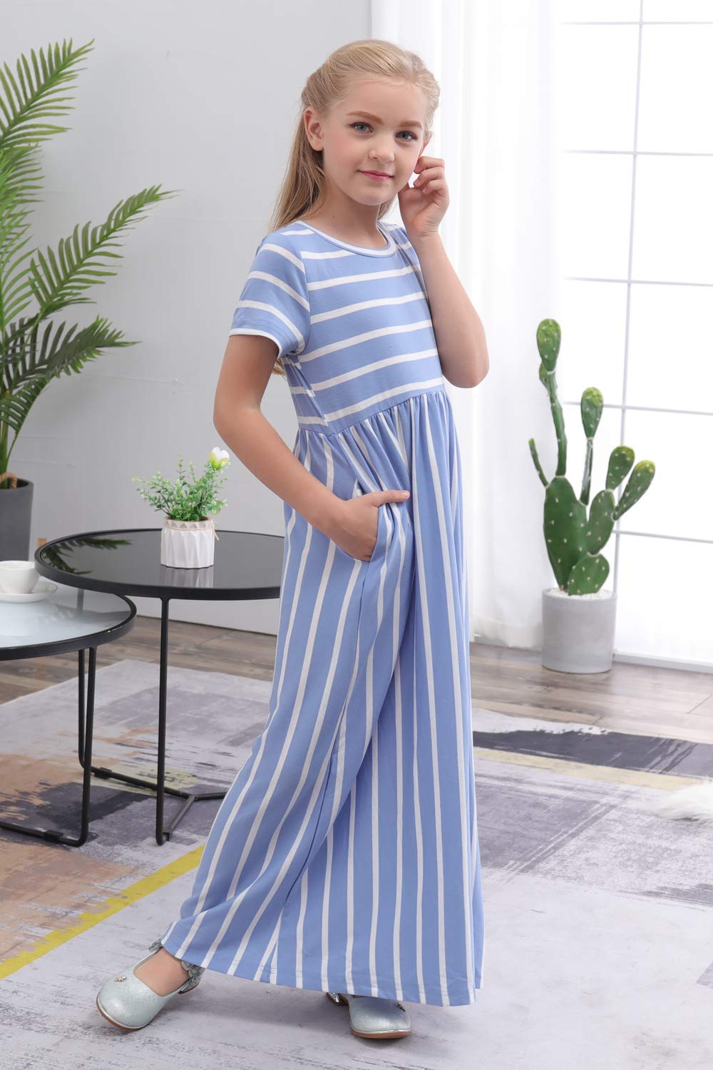 Gorlya Girls Short Sleeve Floral Print Loose Casual Holiday Long Maxi Dress With Pockets (8Yearsheight:130Cm, Blue Stripe)