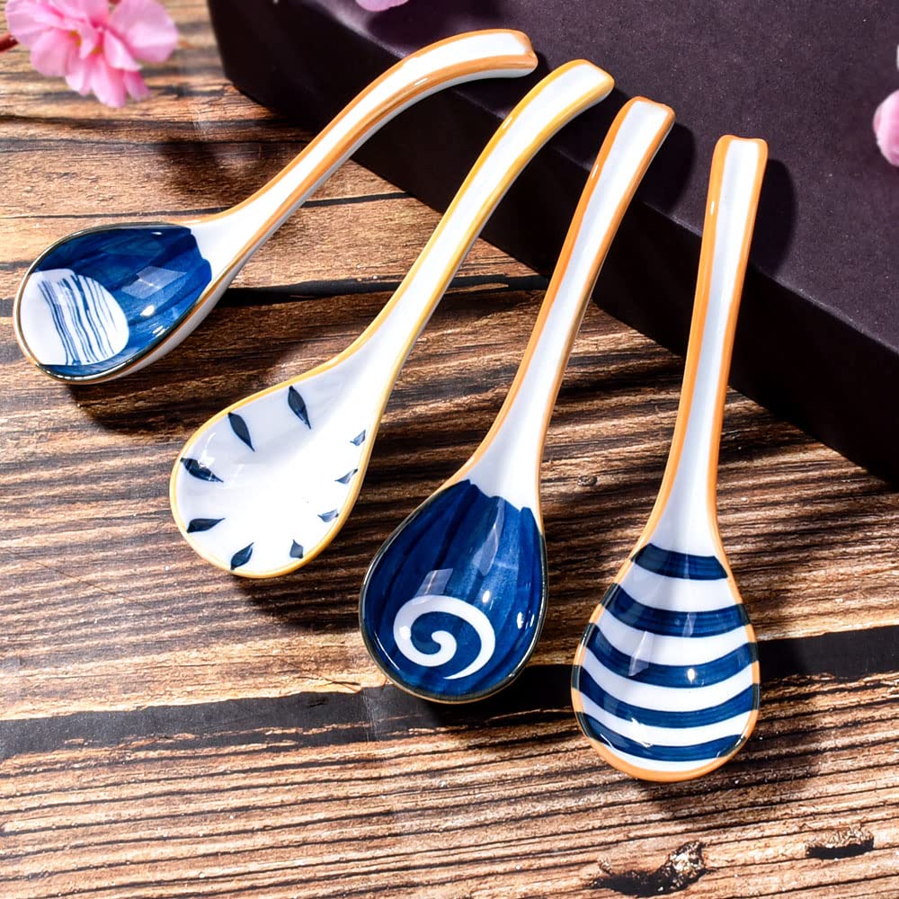 Asian Ceramic Soup Spoons Japanese Soup Spoon Set Of 4 Porcelain Long Handle Japanese Ramen Soopn For Pho Ramen Noodles Wonton D
