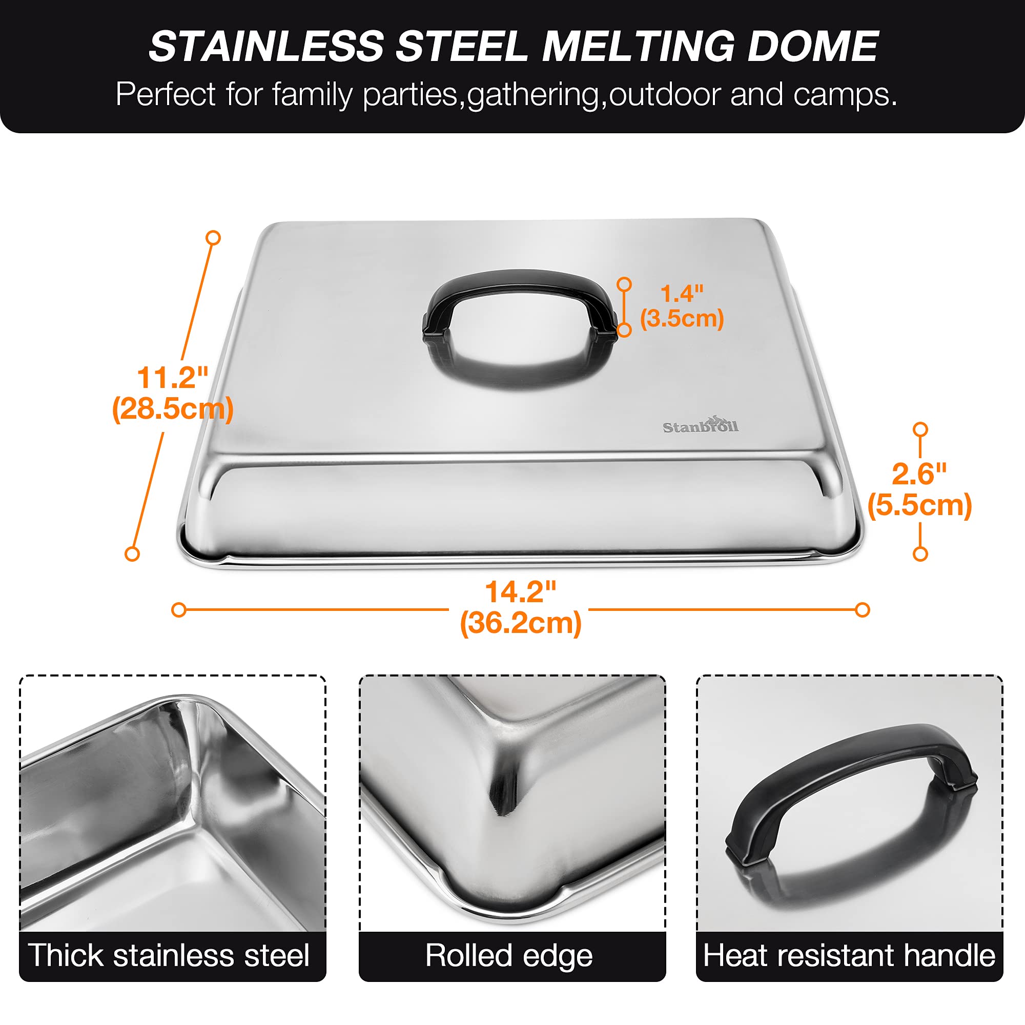 Stanbroil Melting Dome & Grill Press Kit- Stainless Steel Basting Cover Cheese Melting Dome With Cast Iron Burger Bacon Press Fo