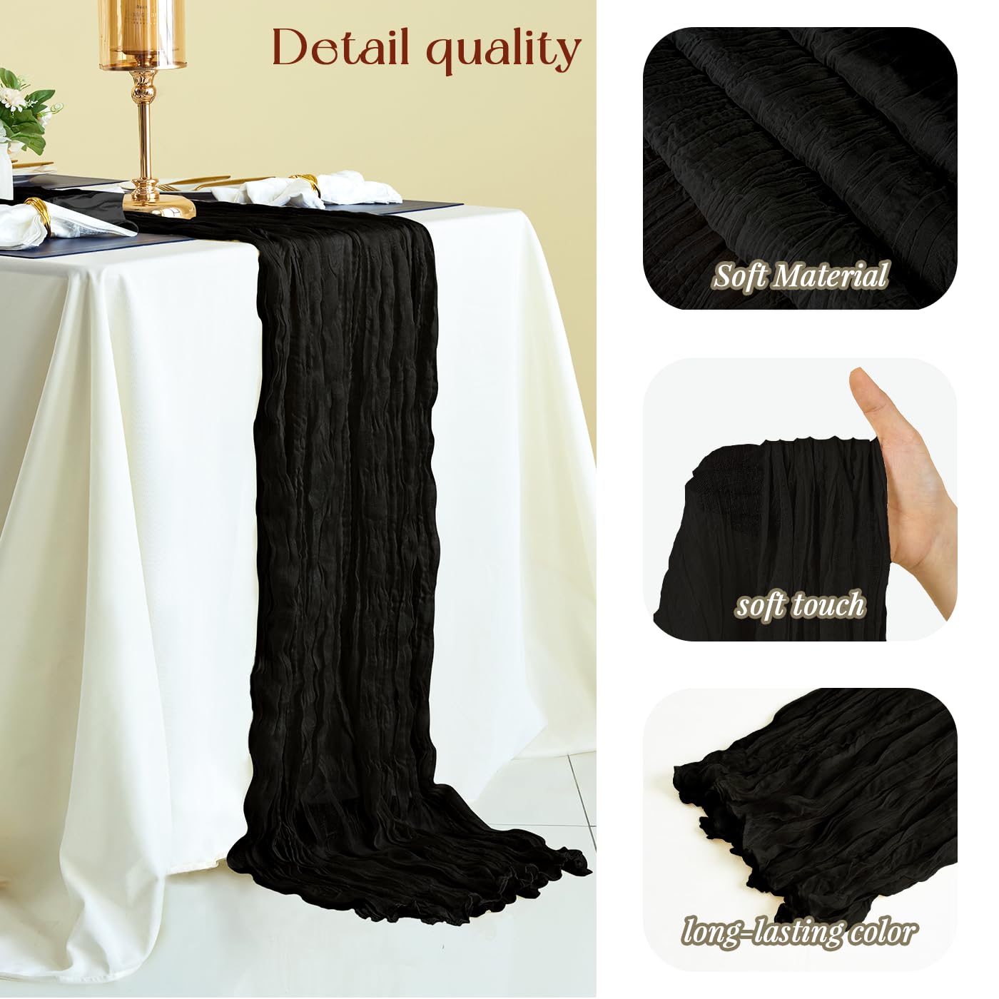 Sioloc 10 Pack Black Halloween Table Runner,10Ft Black Chiffon Table Runner ,Boho Gauze Fall Table Runner For Wedding Bridal Bab