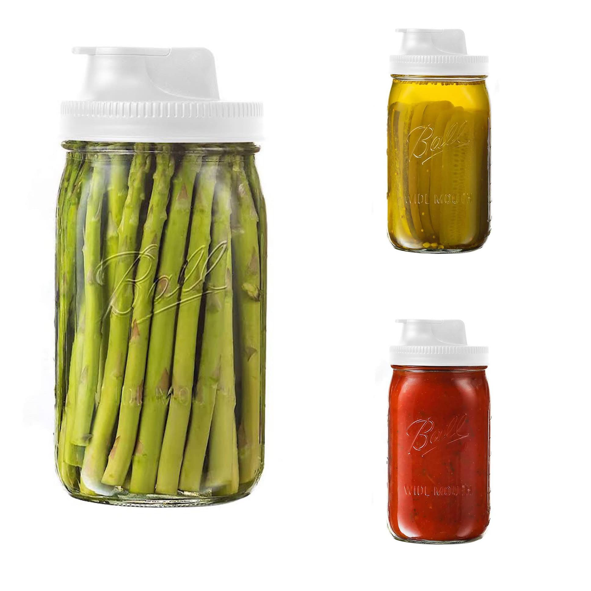Jarware 82689 White Spout Mason Jar Lid With And Without Handle, Wide Mouth, Set Of 2
