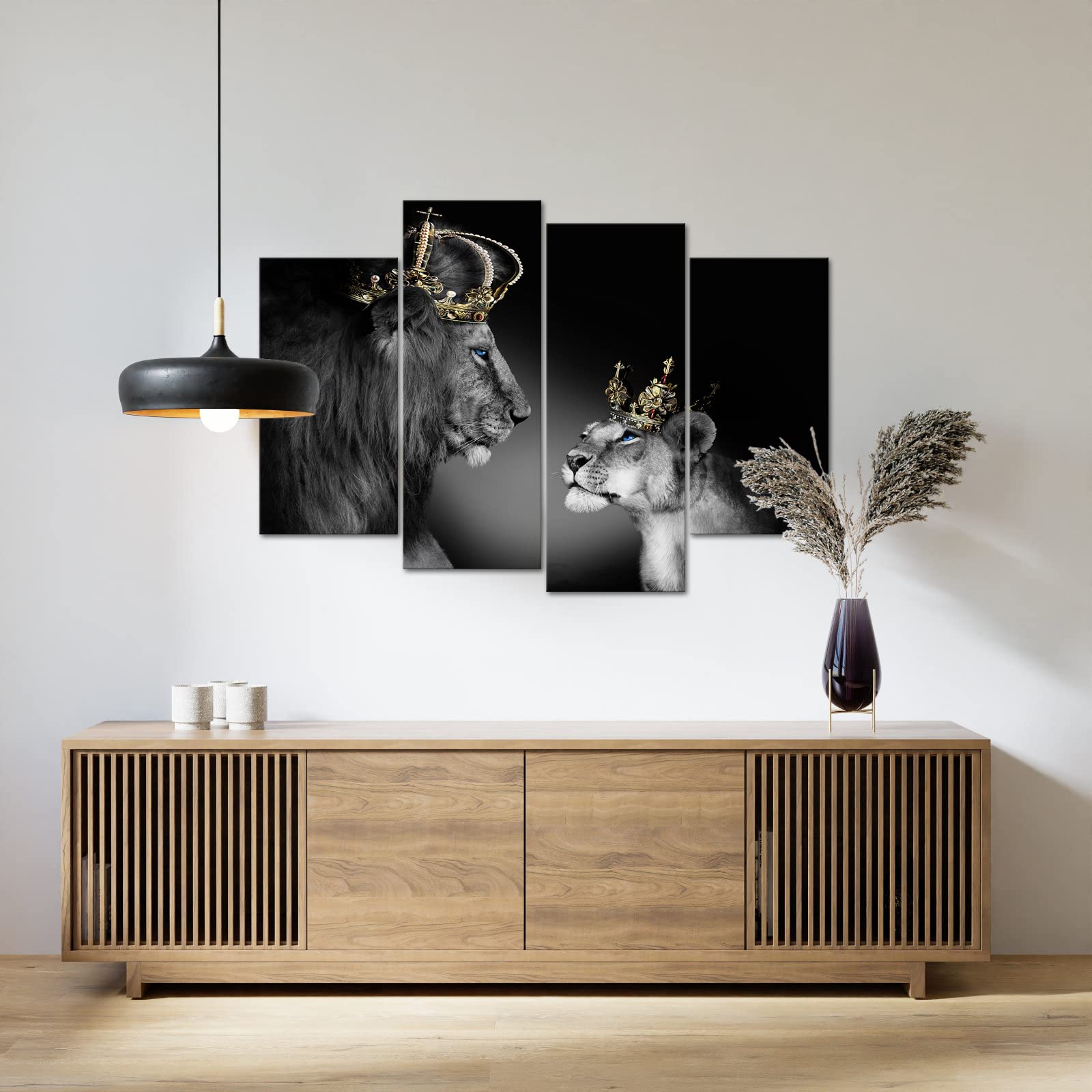 Large 4 Panel Wall Decor The Lion King And Queen With Crown Wall Art African Wild Animals Canvas Prints Pictures Black And White
