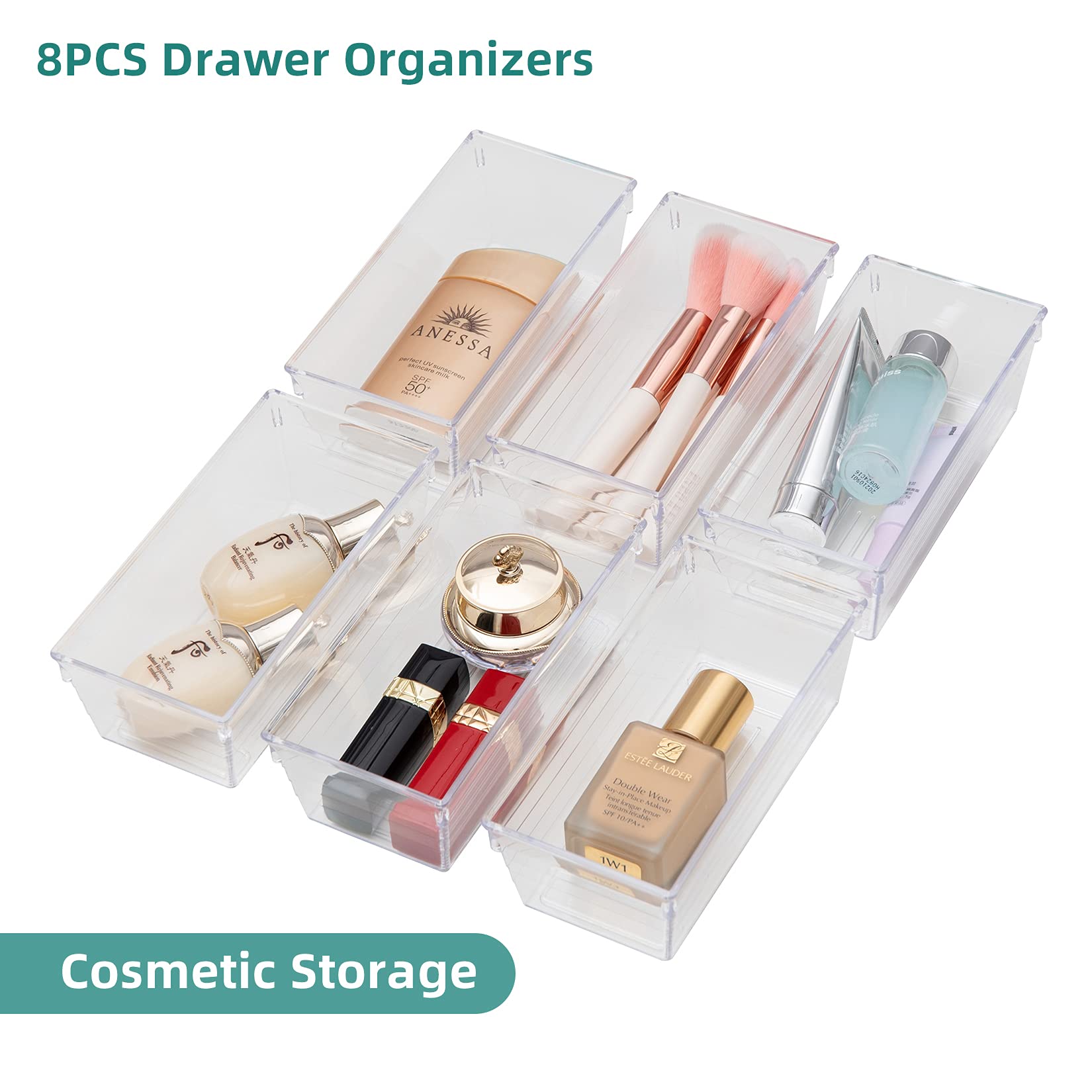 Backerysupply Clear Plastic Drawer Organizer Tray for Vanity Cabinet (6 ''   3 ''   2 '' Set of 8) Storage Tray for Makeup, Kitc