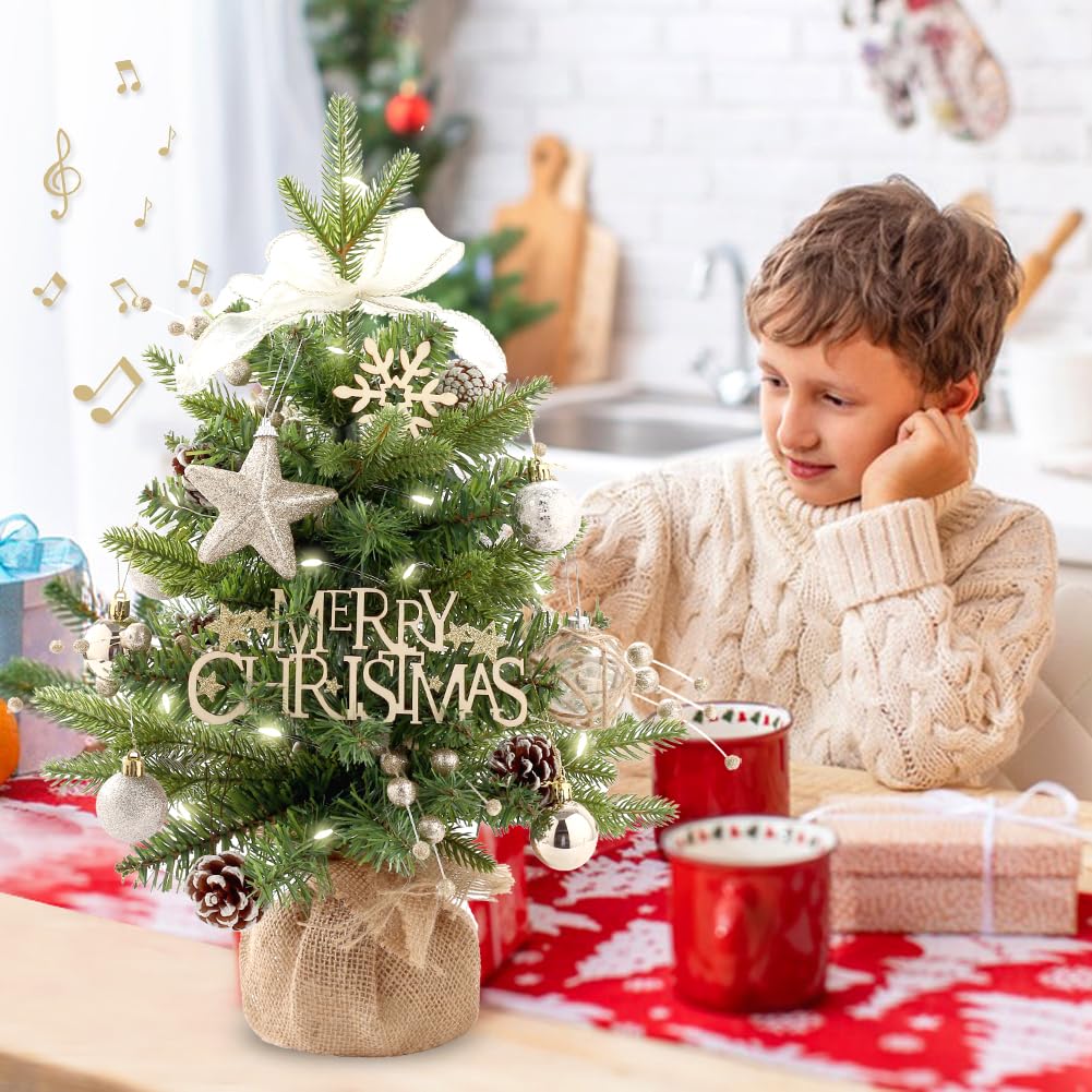 Mini Christmas Tree, Tabletop Small Christma Tree Green Prelit Christmas Tree with Music Artificial Xmas Tree with Xmas Ornament