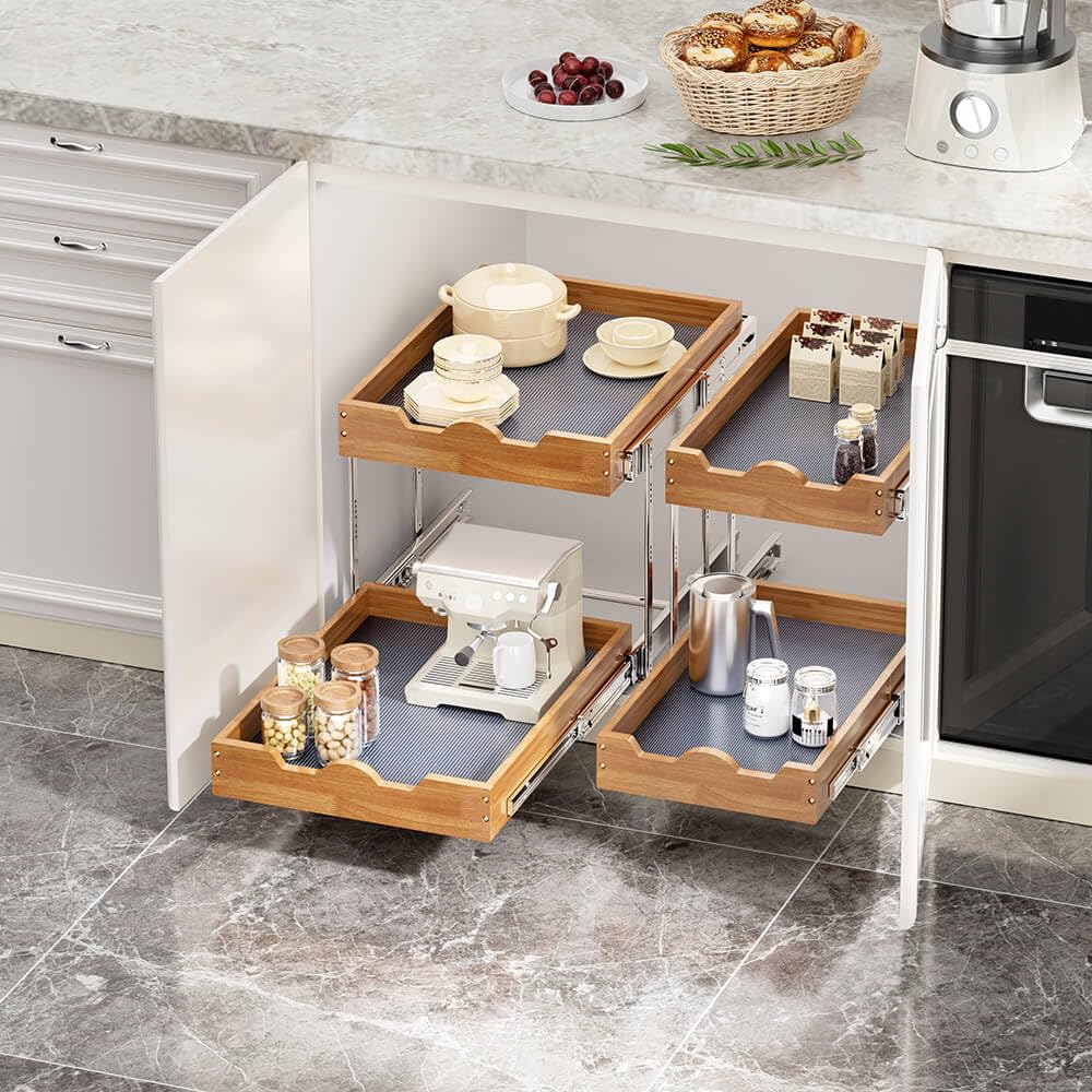 Ocg Pull Out Drawers For Cabinets 14''W X 21''D, 2 Tier Heavy-Duty Slide Out Wood Drawer Shelf, Pull Out Drawer For Cabinets, Ba