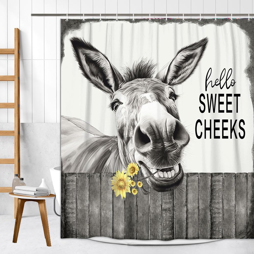 Lkfbsc Funny Donkey Shower Curtain, Black And White Farmhouse Farm Animal 36X72 Shower Curtain Set, Gray Hello Sweet Cheeks Rust