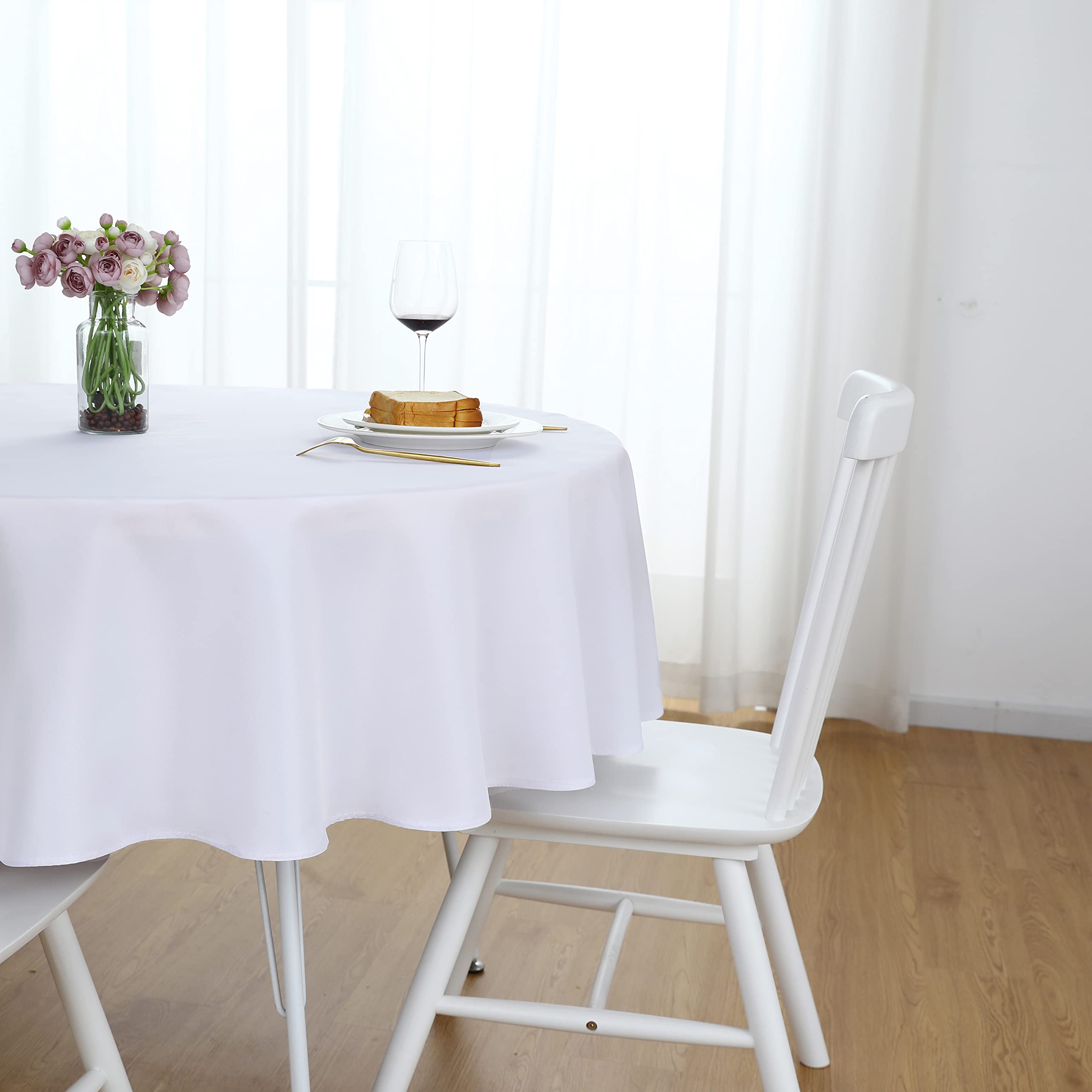 Folins&Home White Round Tablecloth 60 Inch Waterproof Heavy Duty Wrinkle Free Polyester Fabric Table Cloth, Spillproof Washable