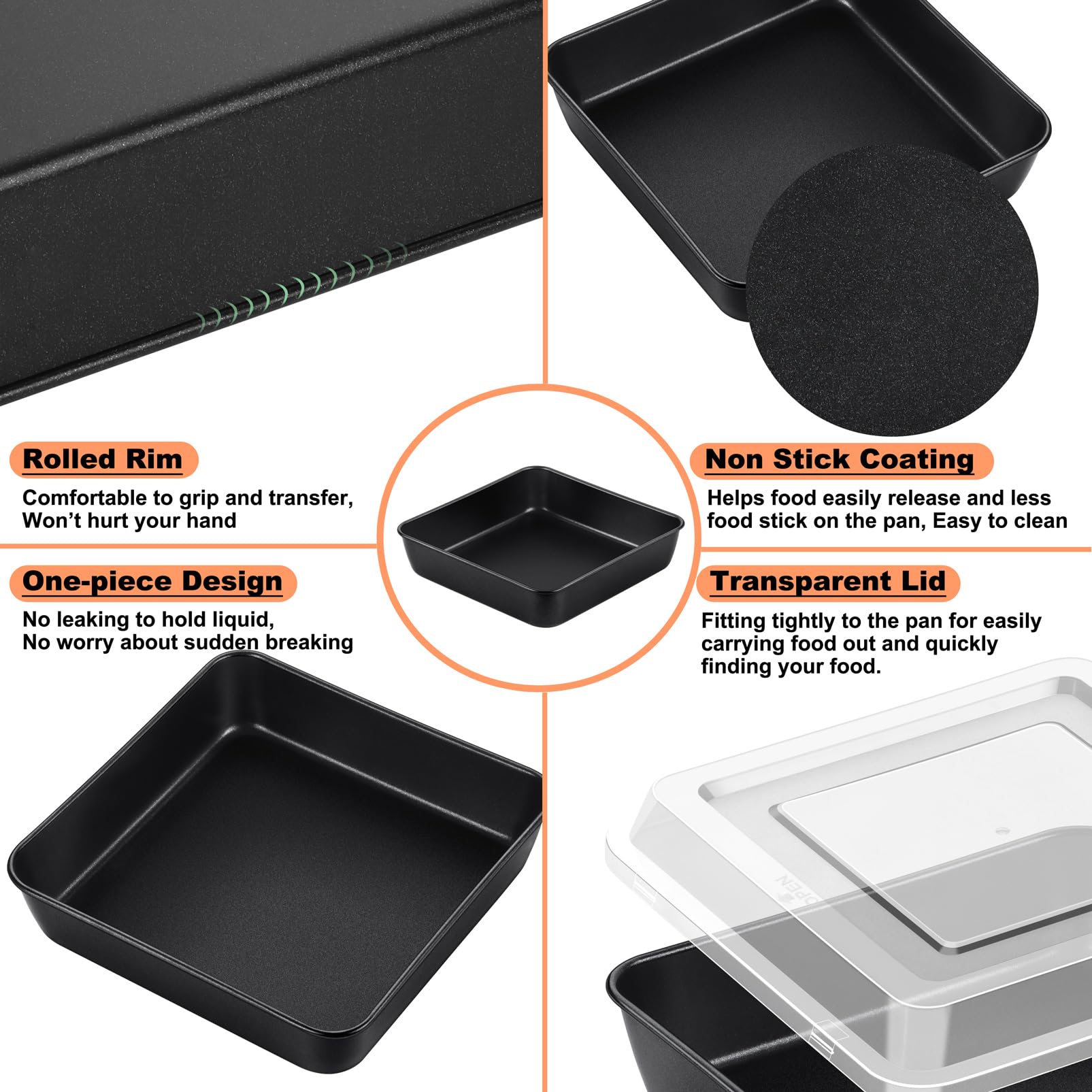Teamfar 8 Inch Cake Pan, Square Cake Baking Pan & Plastic Lid Set With Stainless Steel Core & Nonstick Coating, For Baking Brown