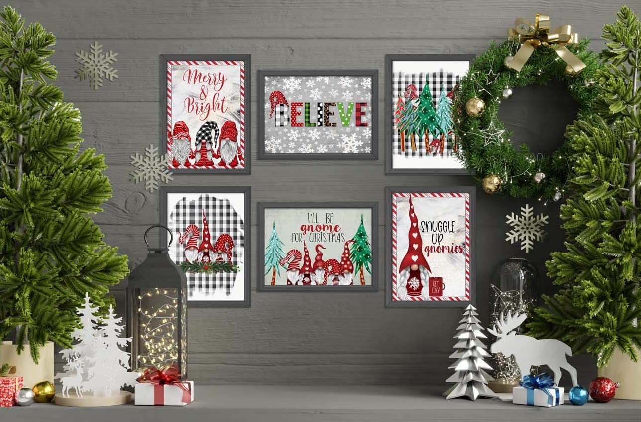 Silly Goose Gifts Gnomes Buffalo Plaid Set - Vintage Old World Themed Christmas Wall Art Prints (Set of 6)
