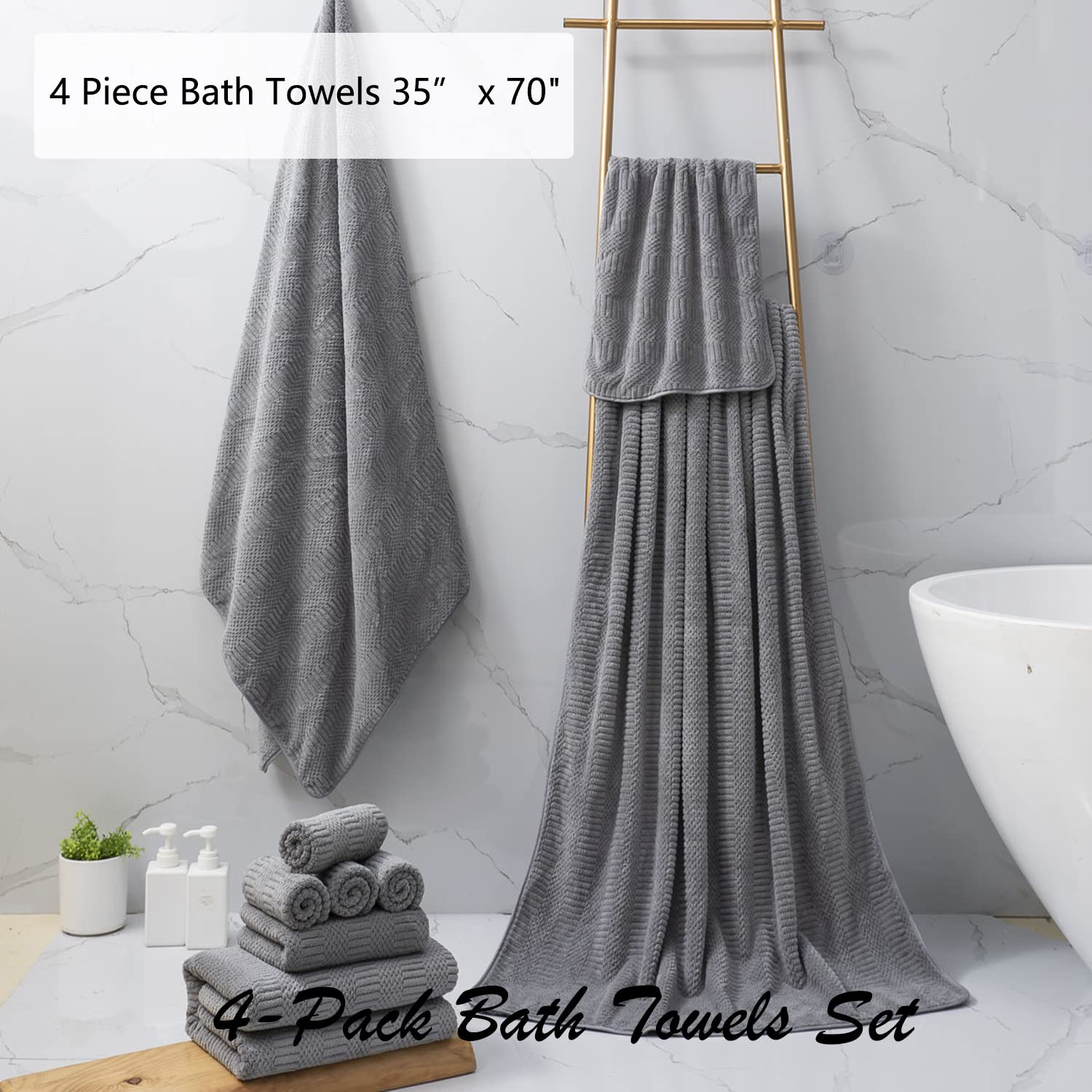 4 Piece Large Bath Towel Set 35''x70'' Gray Extra Large Bath Sheets Oversized Jumbo Towels 600GSM Soft Highly Absorbent Quick Dry Beach Chair Towels Woven Towels for Bathroom Hotel and Spa
