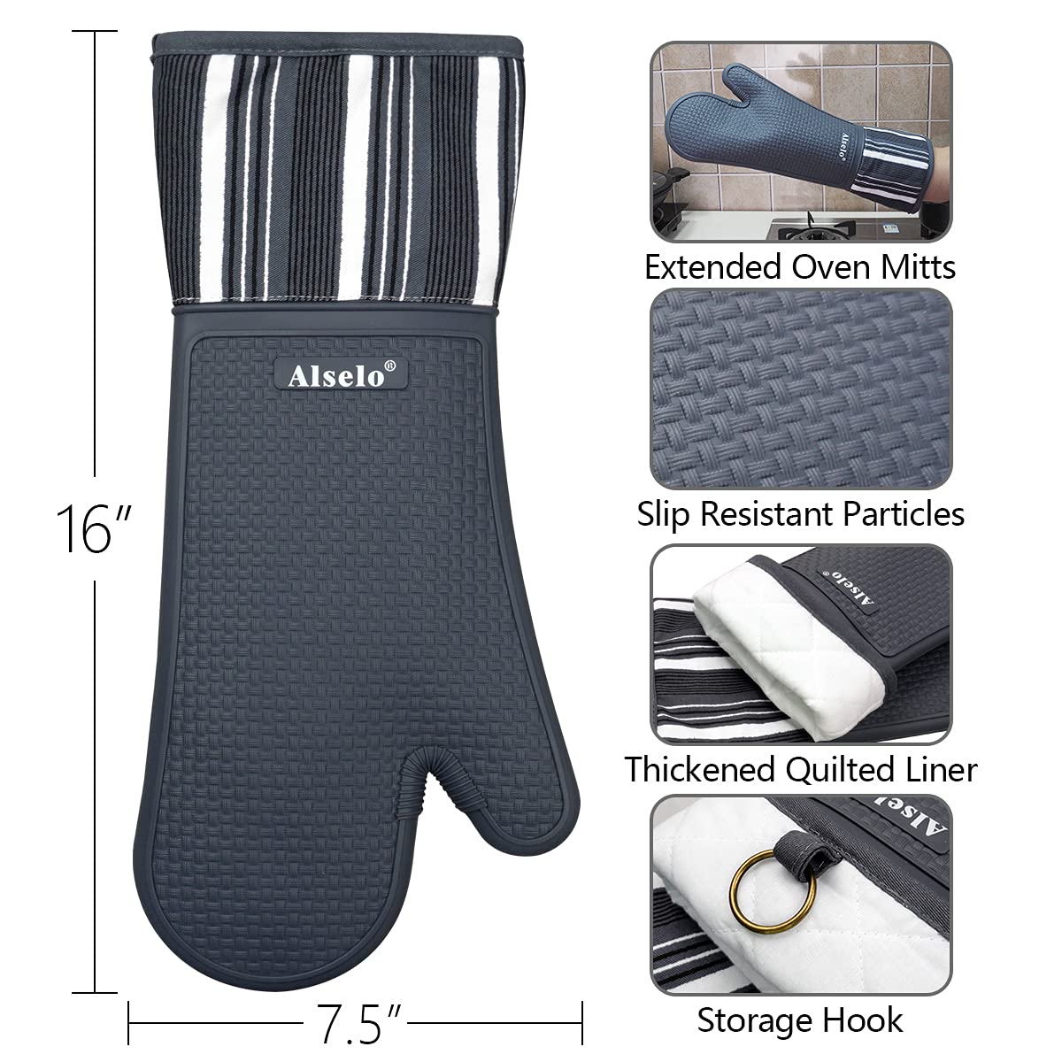 Alselo Silicone Oven Mitts Heat Resistant 550 Degree Extra Long Kitchen Gloves Pot Holders With Waterproof And Non-Silp For Baki