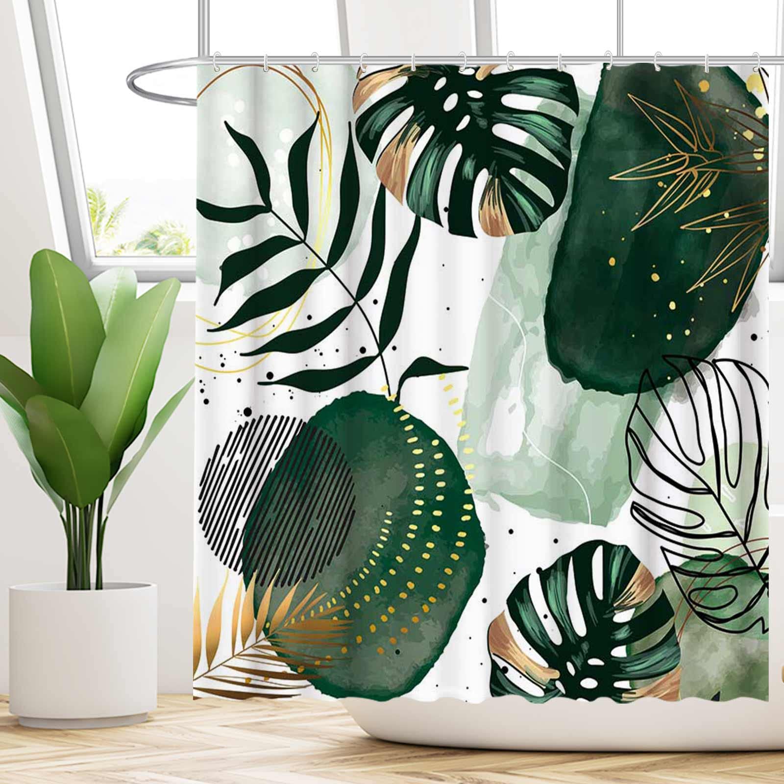 Funnytree Green Chic Abstract Shower Curtain Set With Hooks Boho Leaves Tropical Watercolor Simple Minimalist Fancy Modern Bathr