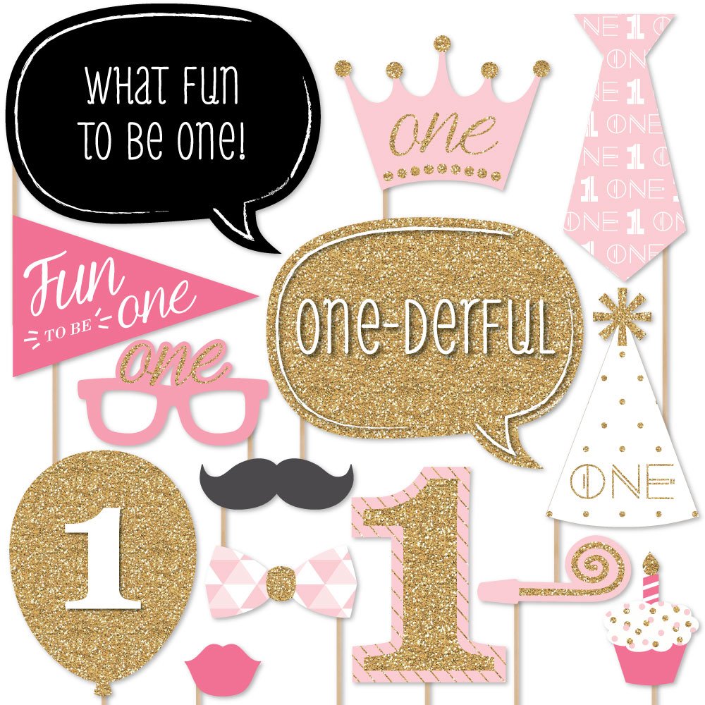 Big Dot Of Happiness 1St Birthday Girl - Fun To Be One First Party Photo Booth Props Kit 20 Count