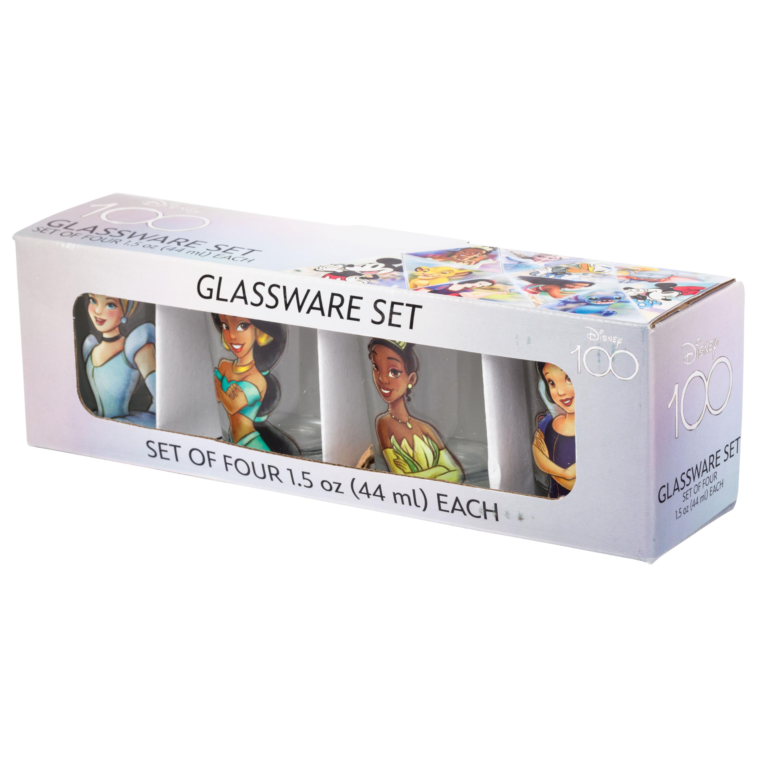 Silver Buffalo Disney Princess Vintage Sketch Featuring Cinderella, Tiana, Snow White, And Jasmine 4 Pack Mini Glasses, 1.5 Ounc