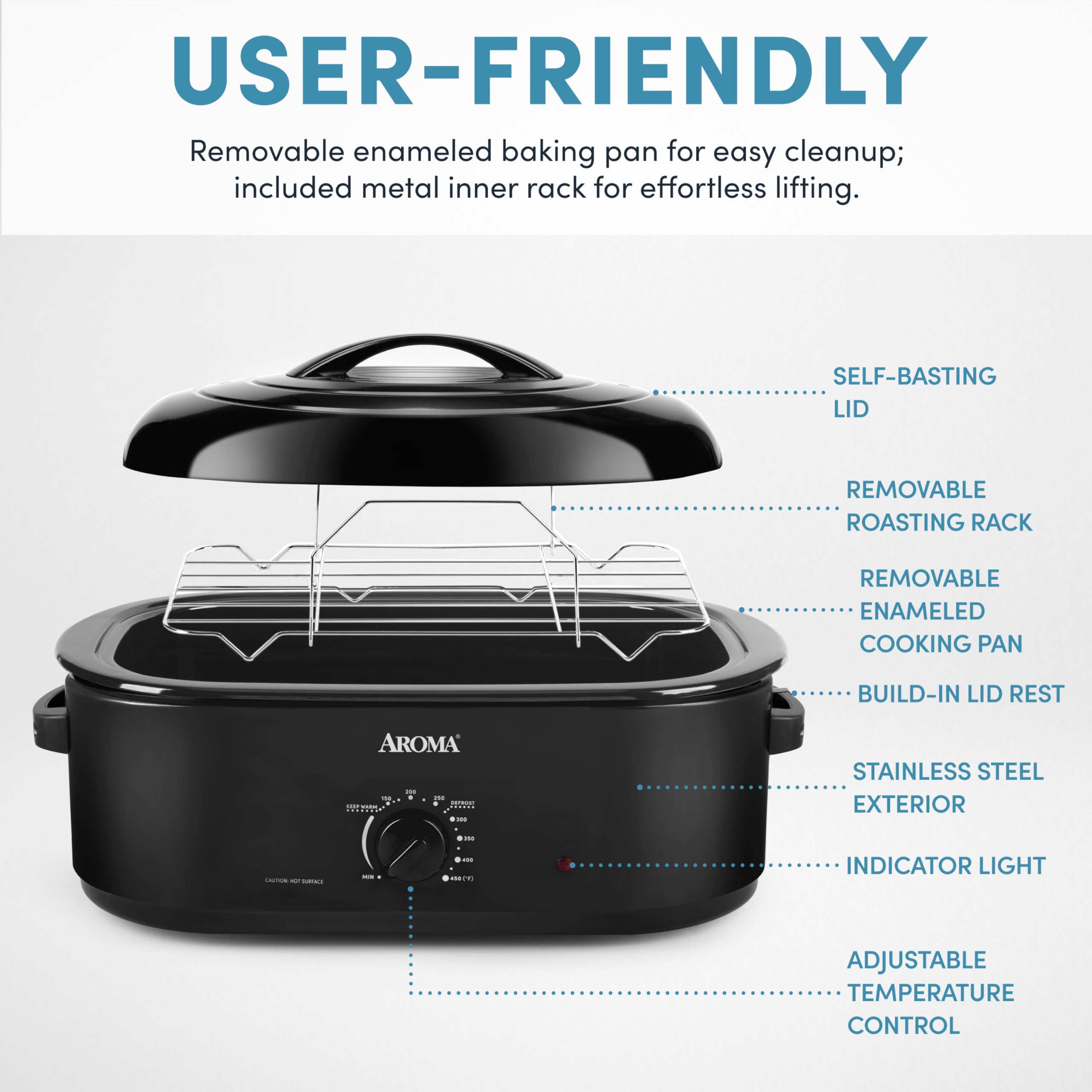 Aroma 18Qt. Roaster Oven With Self-Basting Lid, Fits 22-Lb. Turkey, Adjustable Temperature Settings, Keep Warm Setting, Black (A