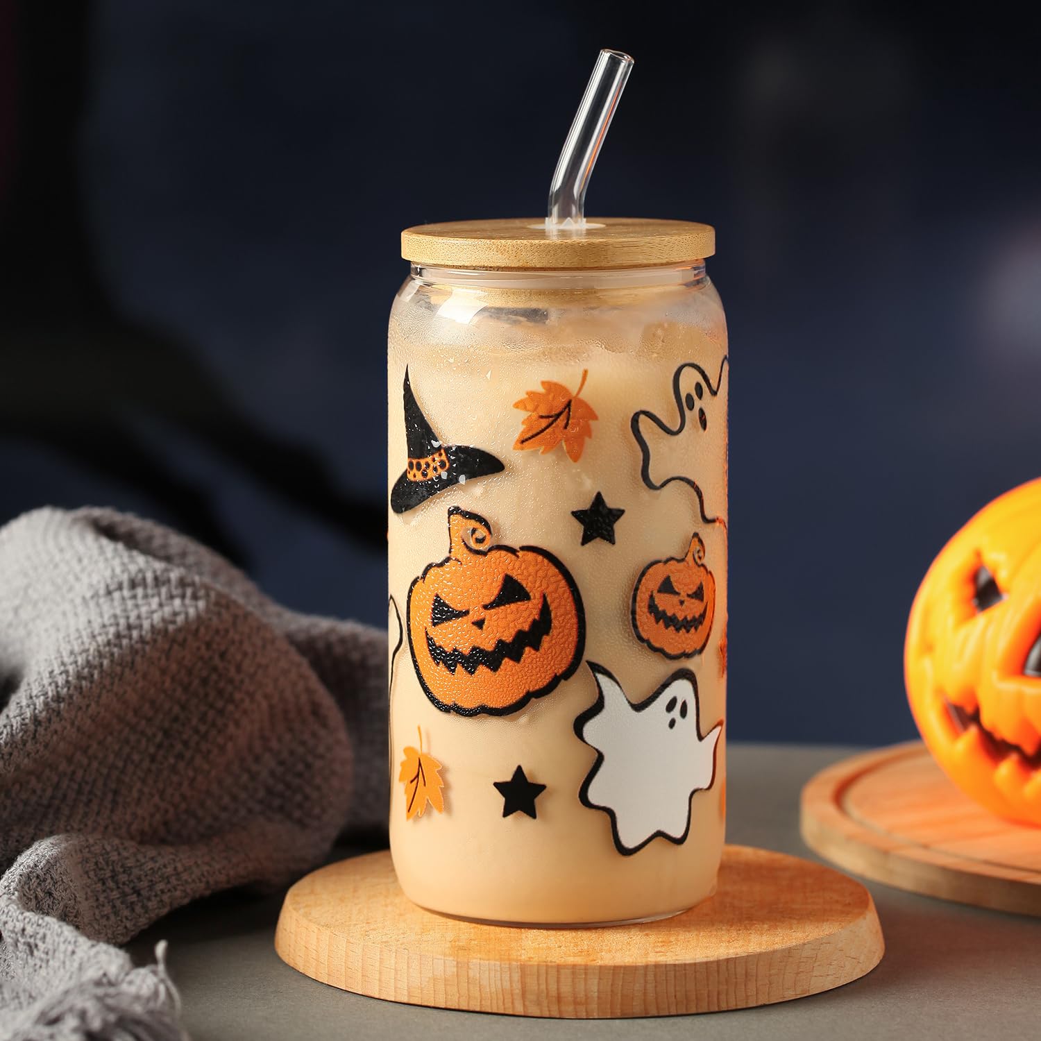 Halloween Pumpkin Ghost Glass Cup with Lids and Straws, 16 oz Glass Tumbler, Spooky Iced Coffee Mug for Smoothie, Cute Halloween