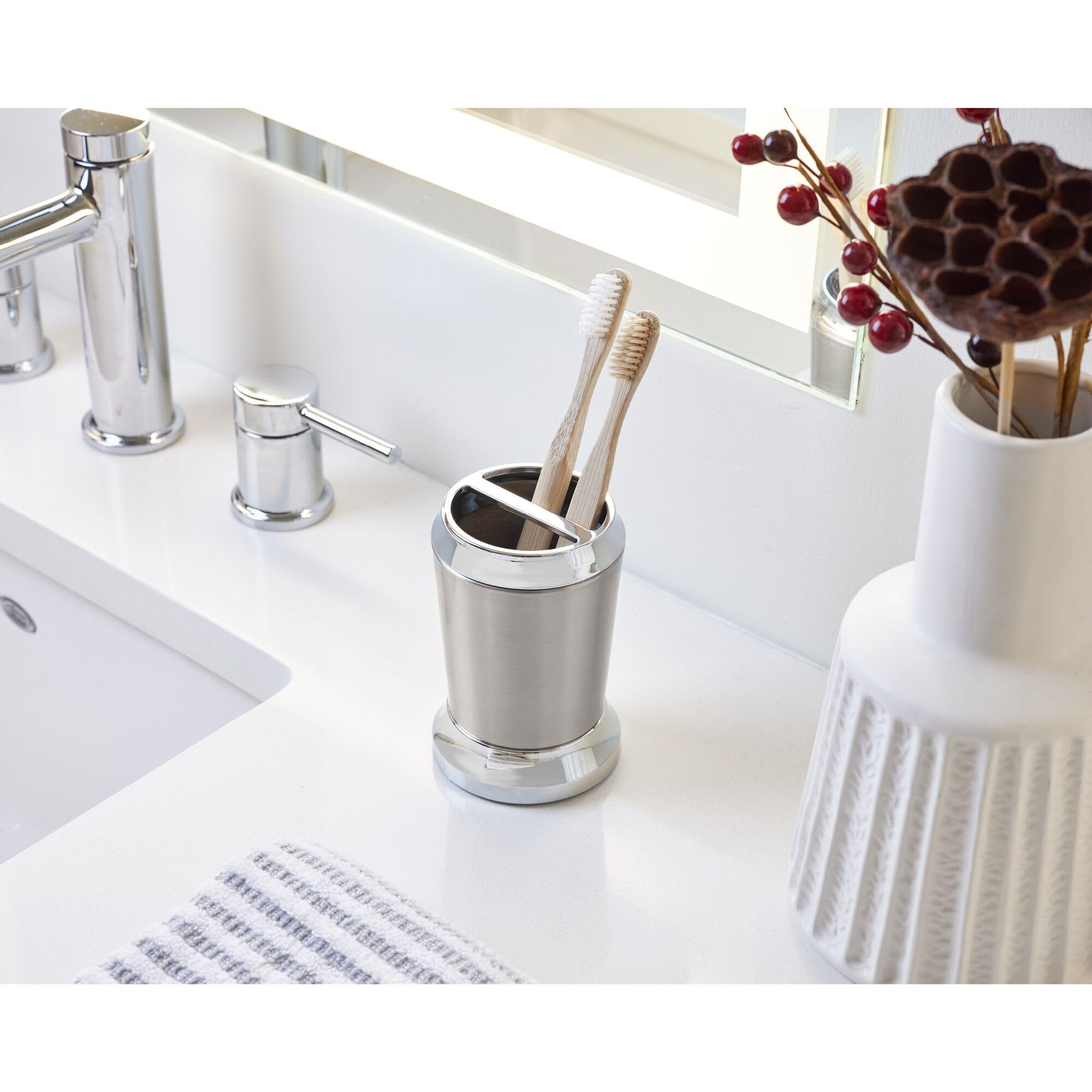 Idesign Stainless Steel Toothbrush Holder, The Preston Collection - 3'' X 3'' X 4.5   , Brushed & Chrome Split Finish