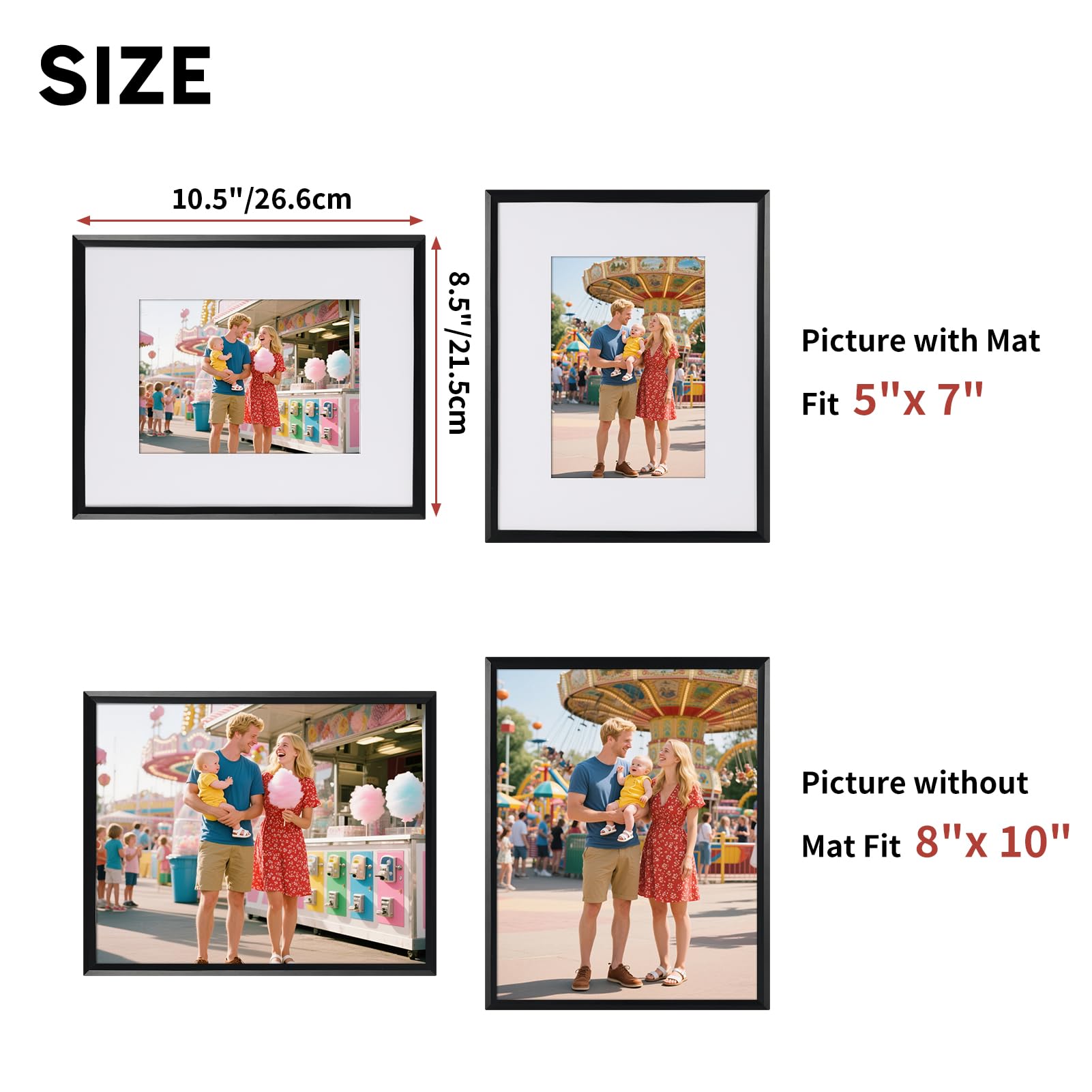 MEBRUDY 8x10 Picture Frame Set of 6, Display 5x7 Pictures With Mat or 8x10 Without Mat, Photo Frames for Tabletop or Wall, Black