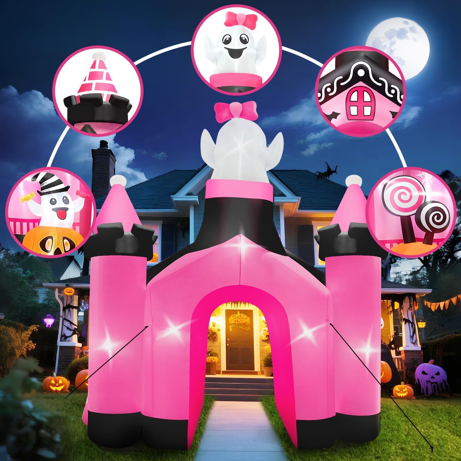 Kalolary 11 FT Halloween Inflatables Ghost Archway Outdoor Decorations, Pink Castle Arch Blow Up Yard Decorations Scary Inflatab