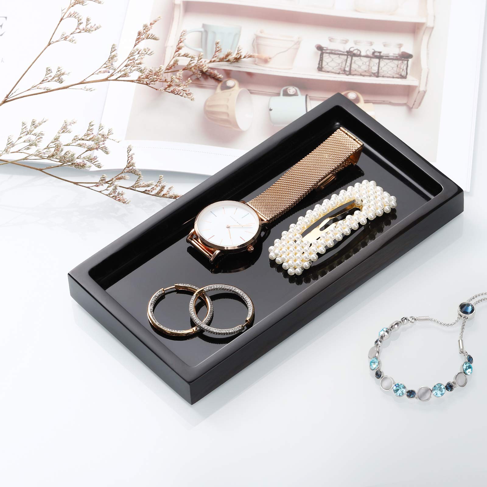 Emibele Vanity Tray  8 '' Rectangular Resin Bathroom Kitchen Sink Counter Organizer Tray Dresser Tray Jewelry Ring Dish Holder Cosmetic Tray for Perfume Candle Small Plant Home Decor  Mini  Black
