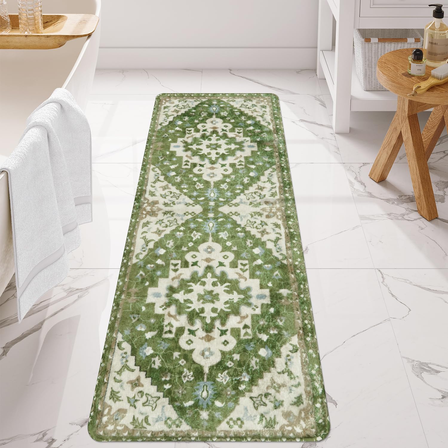 Uphome Vintage Long Bathroom Rug Sage Green Non-Slip Soft Bath Mats Boho Tribal Machine Washable Runner Rug Oriental Farmhouse F