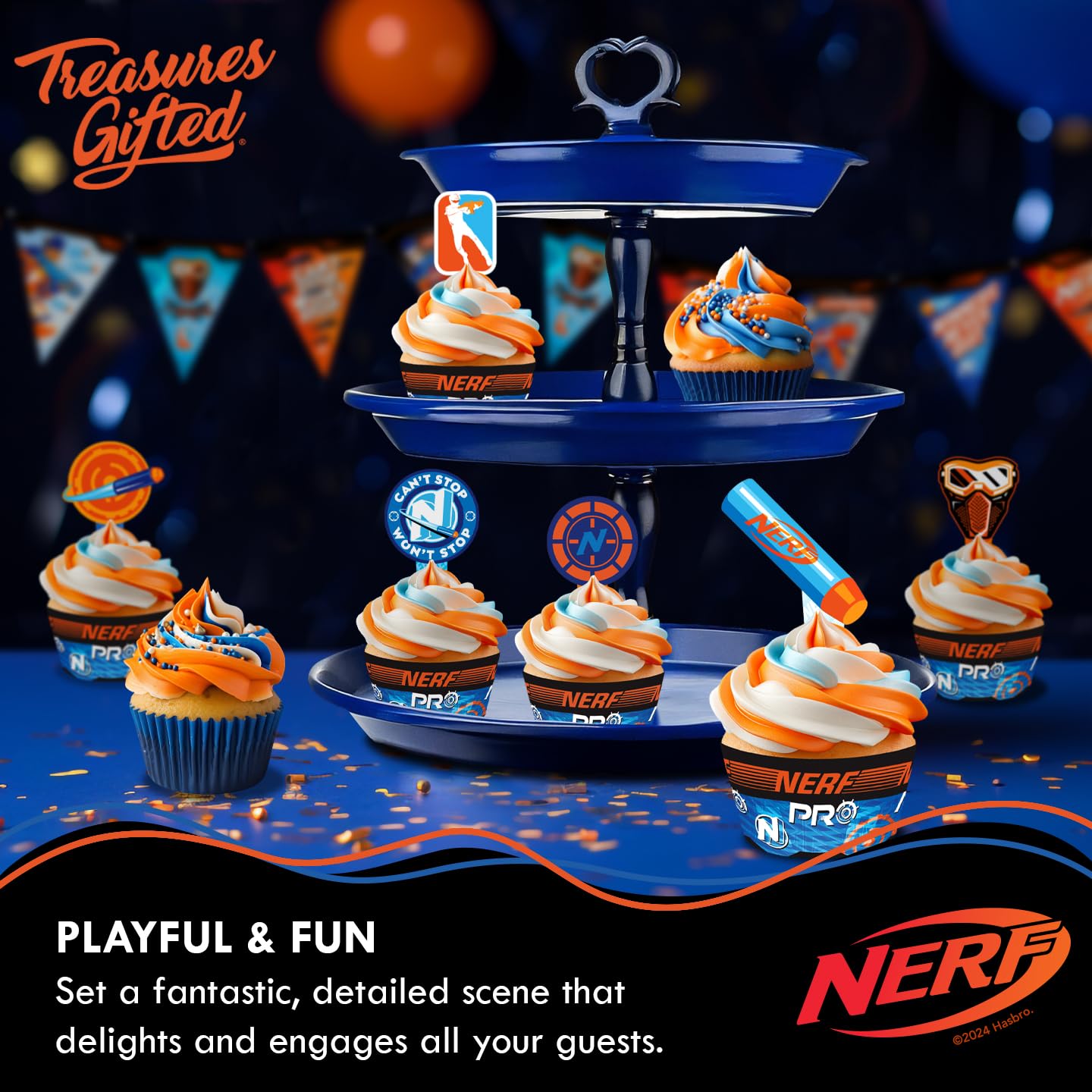 Treasures Gifted 24Ct Officially Licensed Nerf Cupcake Topper & Wrappers - Nerf Cake Decorations - Nerf Birthday Party Supplies