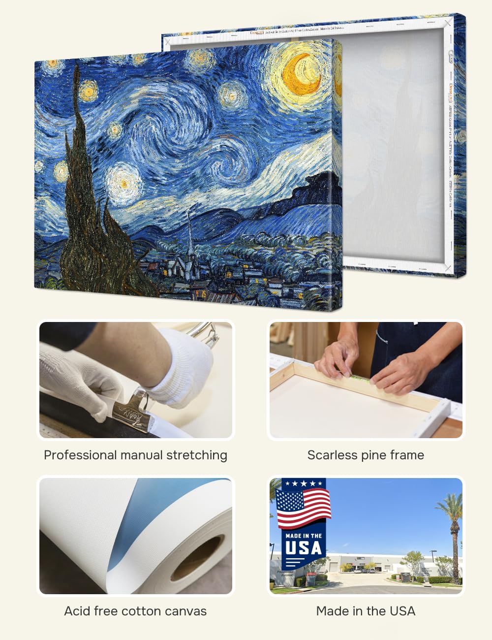 Decorarts - Starry Night - Vincent Van Gogh Reproductions. Oversize Giclee Canvas Print Wall Art For Home Wall Decor. 40X30 In