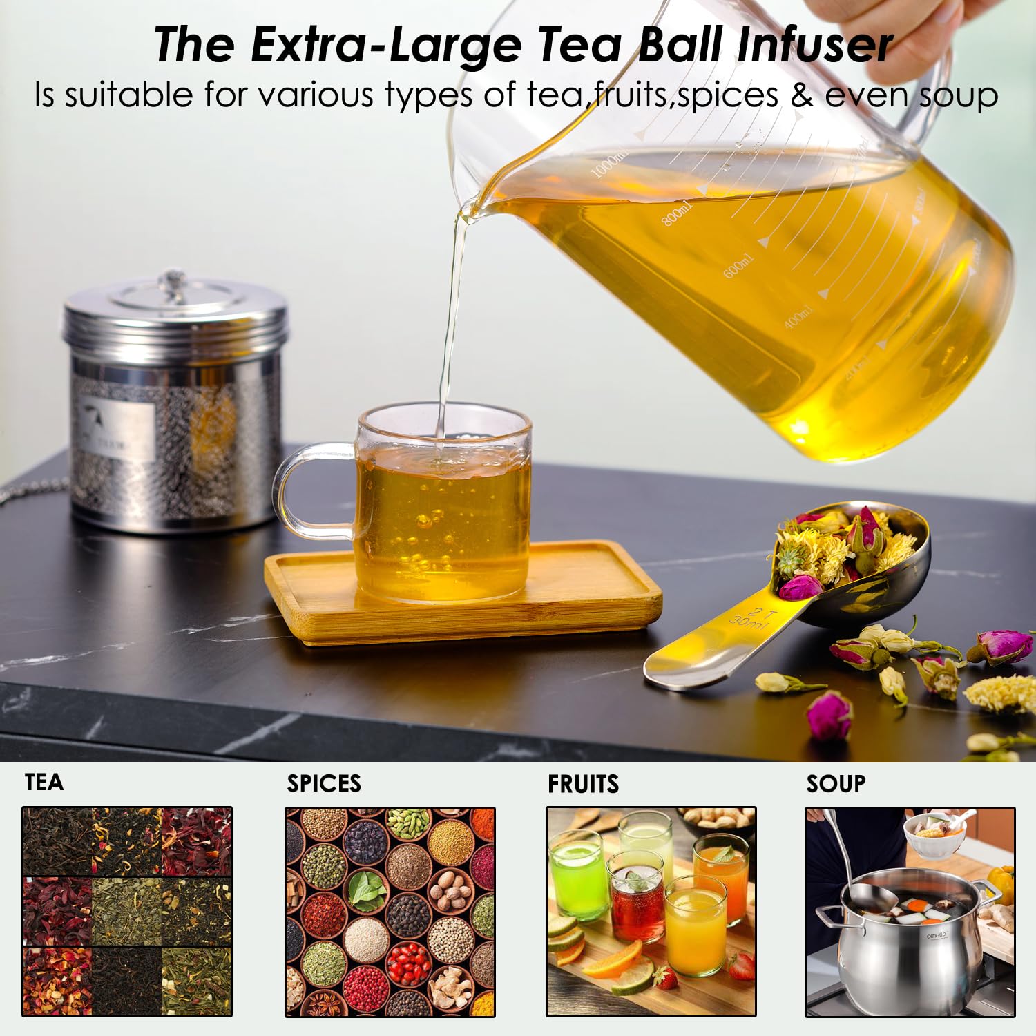 Teemade Large Tea Filter -Sus 304 Stainless Steel Tea Strainer With Extended Chains And Extra Fine Mesh Tea Infuser For Steeping