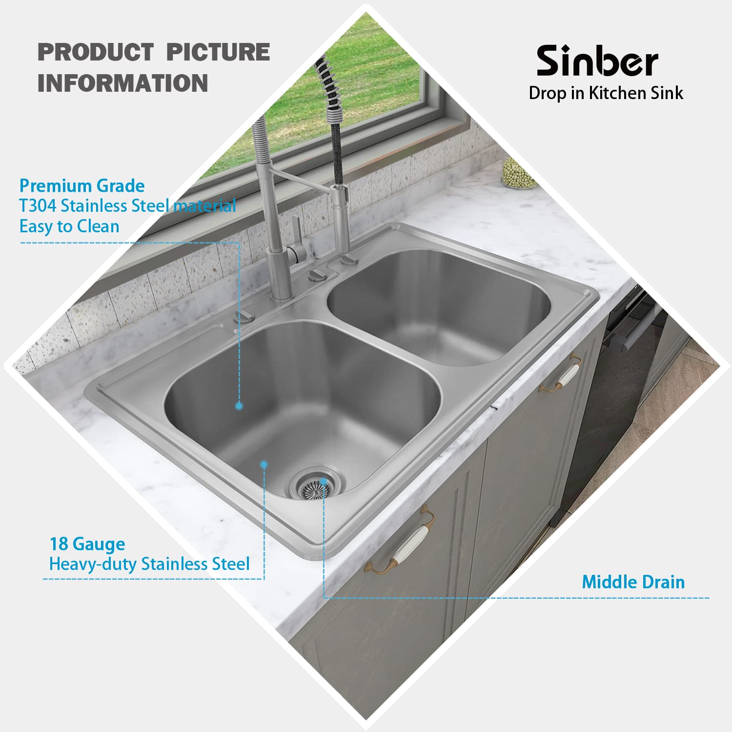 Sinber 33'' X 22'' X 9'' Drop In Double Bowl Kitchen Sink With 18 Gauge 304 Stainless Steel Satin Finish Mt3322D-Ol (Sink Only)