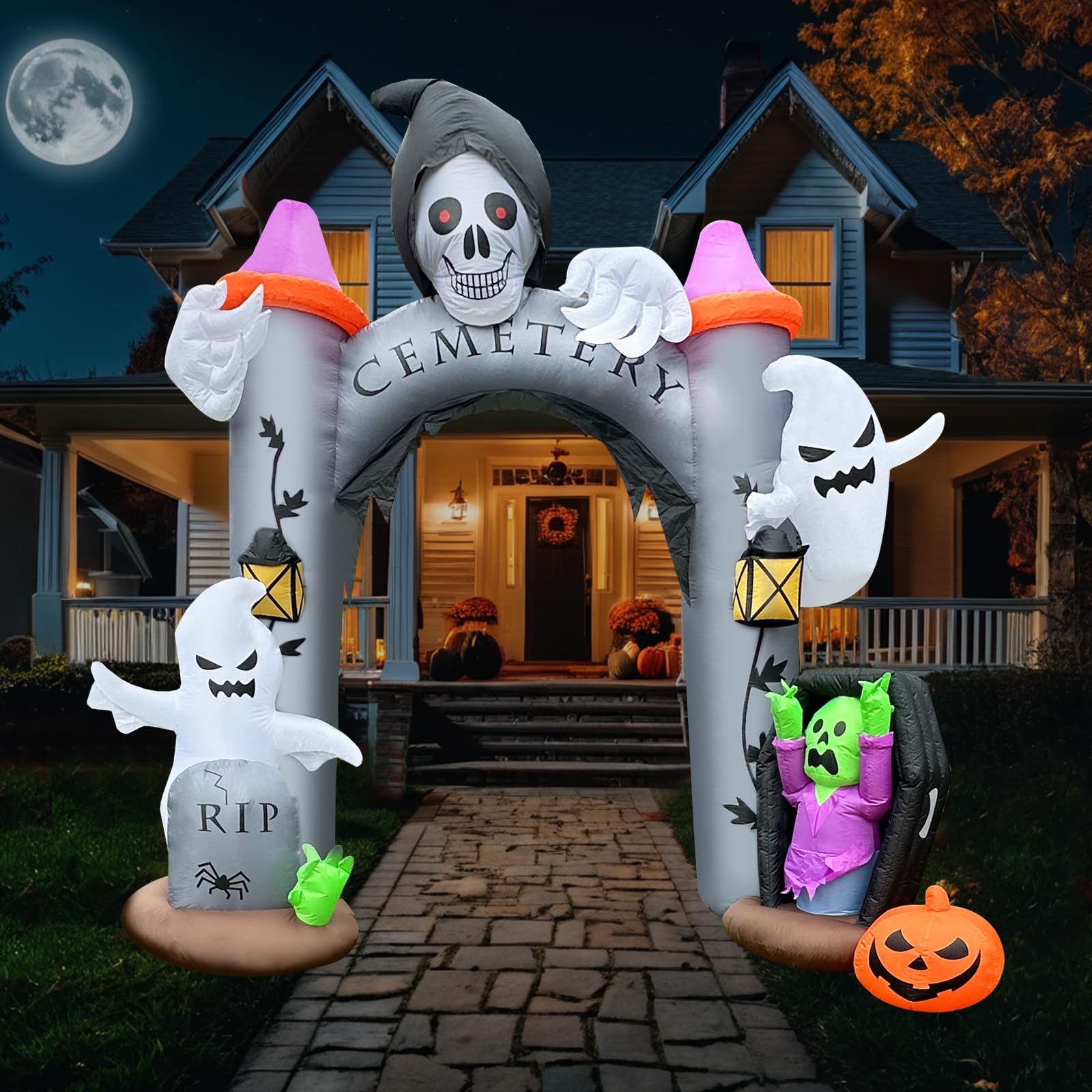 12FT Halloween Inflatable Giant Cemetery Archway with Grim Reaper, Pumpkin and Ghost Spooky Scary Party Blow Up Arch Outdoor Dec
