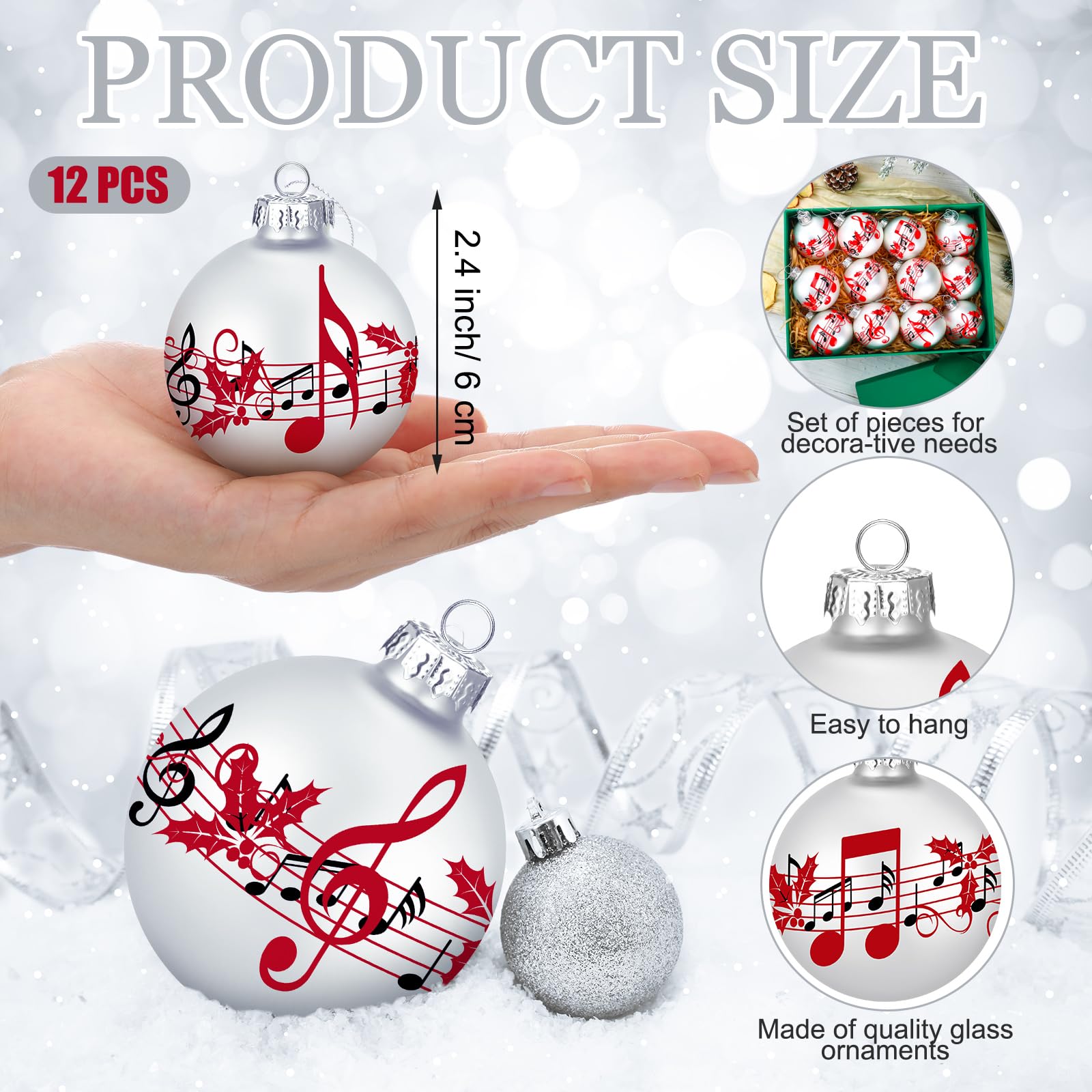 GlikCeil 12 Pcs White Musical Christmas Ornament for Tree 2.4'' Music Notes Balls Music Themed Hanging Ornaments Musical Notes C