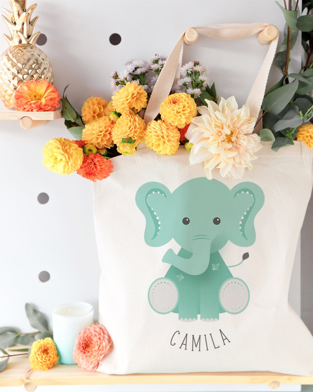The Cotton & Canvas Co. Personalized Elephant Beach, Shopping And Travel Resusable Shoulder Tote And Handbag For Kids, Teens And