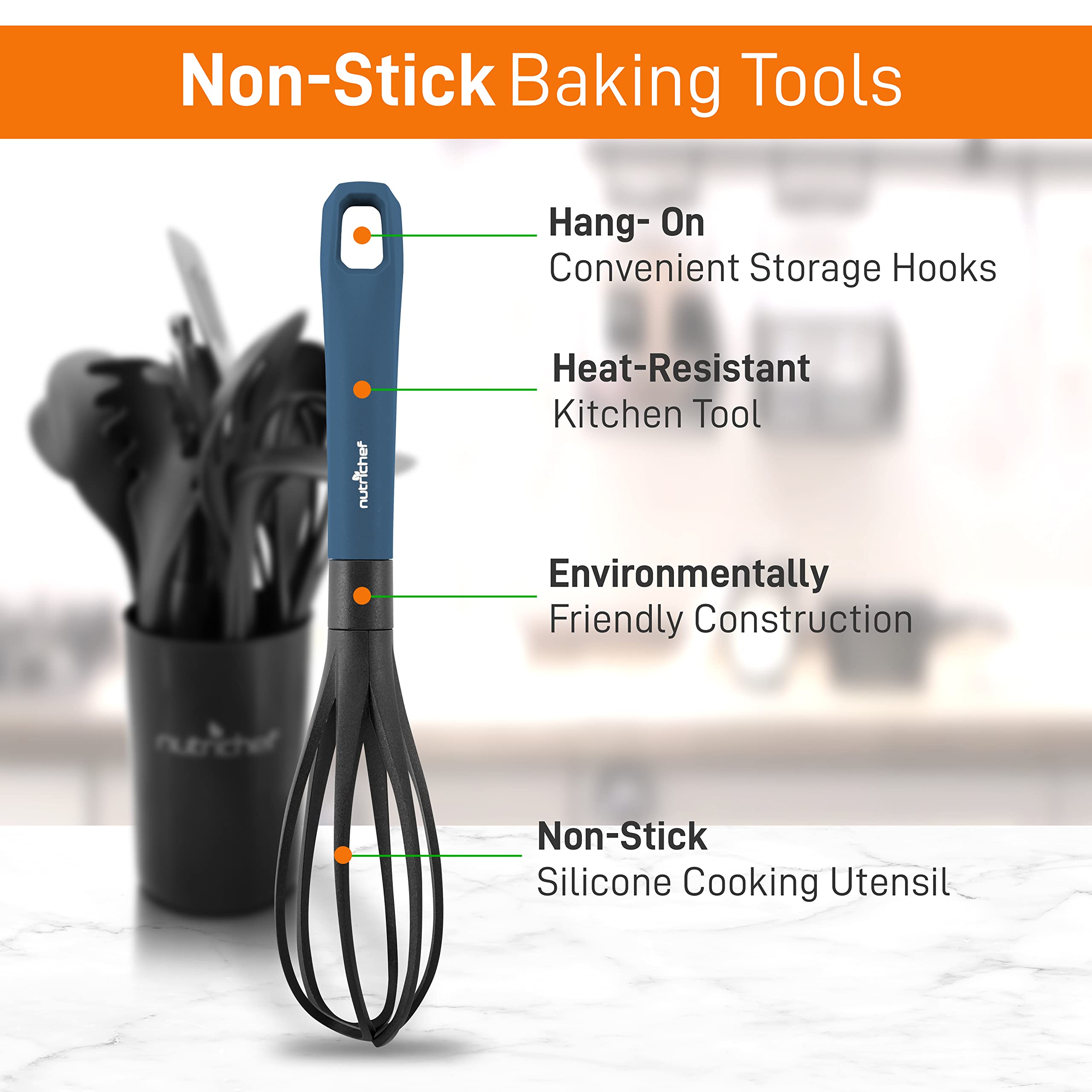 Nutrichef 10-Piece Non-Stick Heat Resistant Silicone Kitchen Gadgets Cookware Tools, Cooking Utensils Set With Holder, Pots & Pa