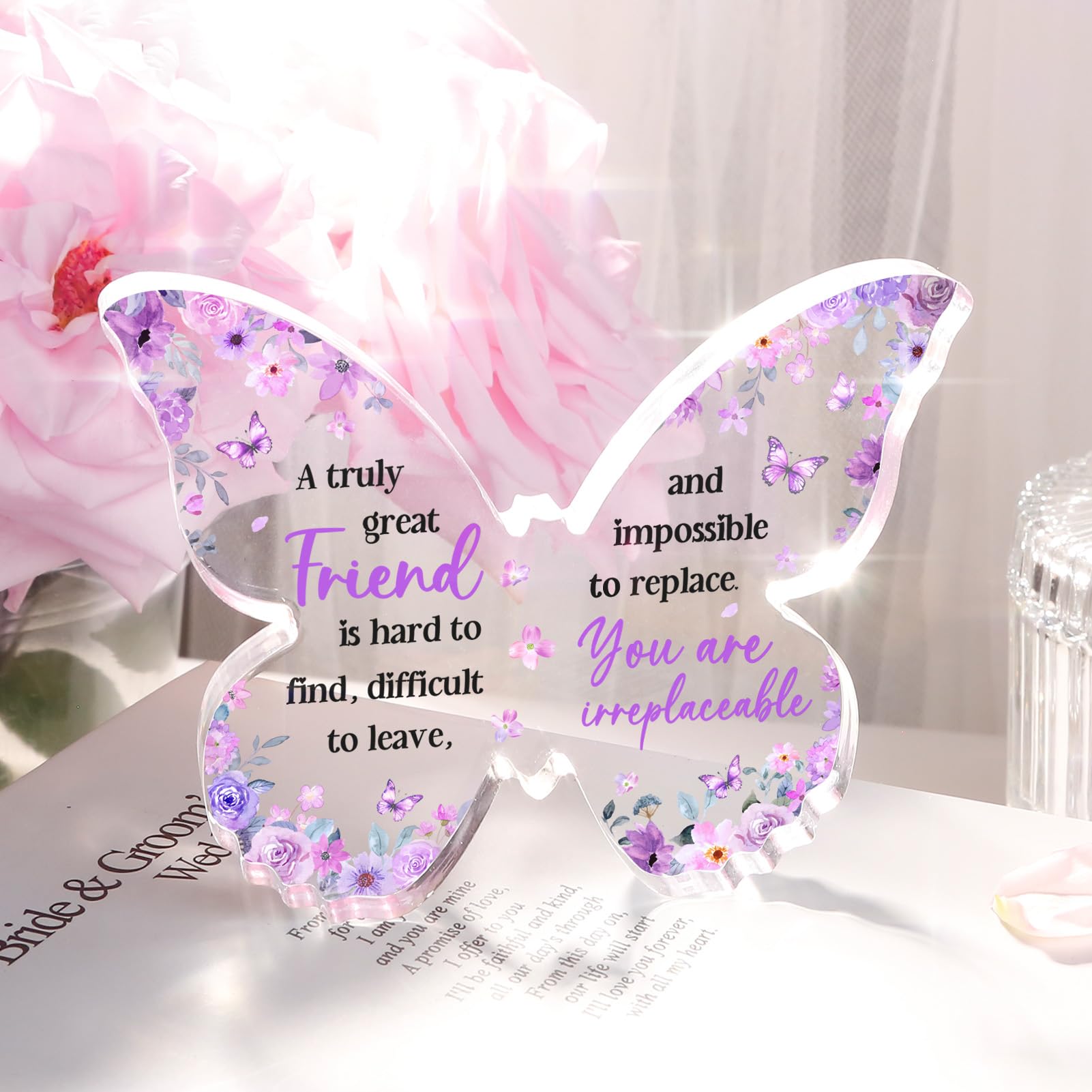Glydein Friend Friendship Gifts for Women, Purple Butterfly Acrylic Plaque Desk Decor, Christmas Gifts for Friends Women Unique,