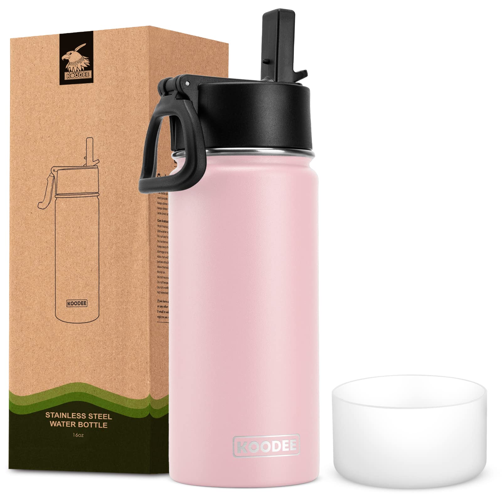 Koodee 16 Oz Water Bottle Stainless Steel Double Wall Vacuum Insulated Water Bottle Wide Mouth Flask With Leakproof Straw Lid (L