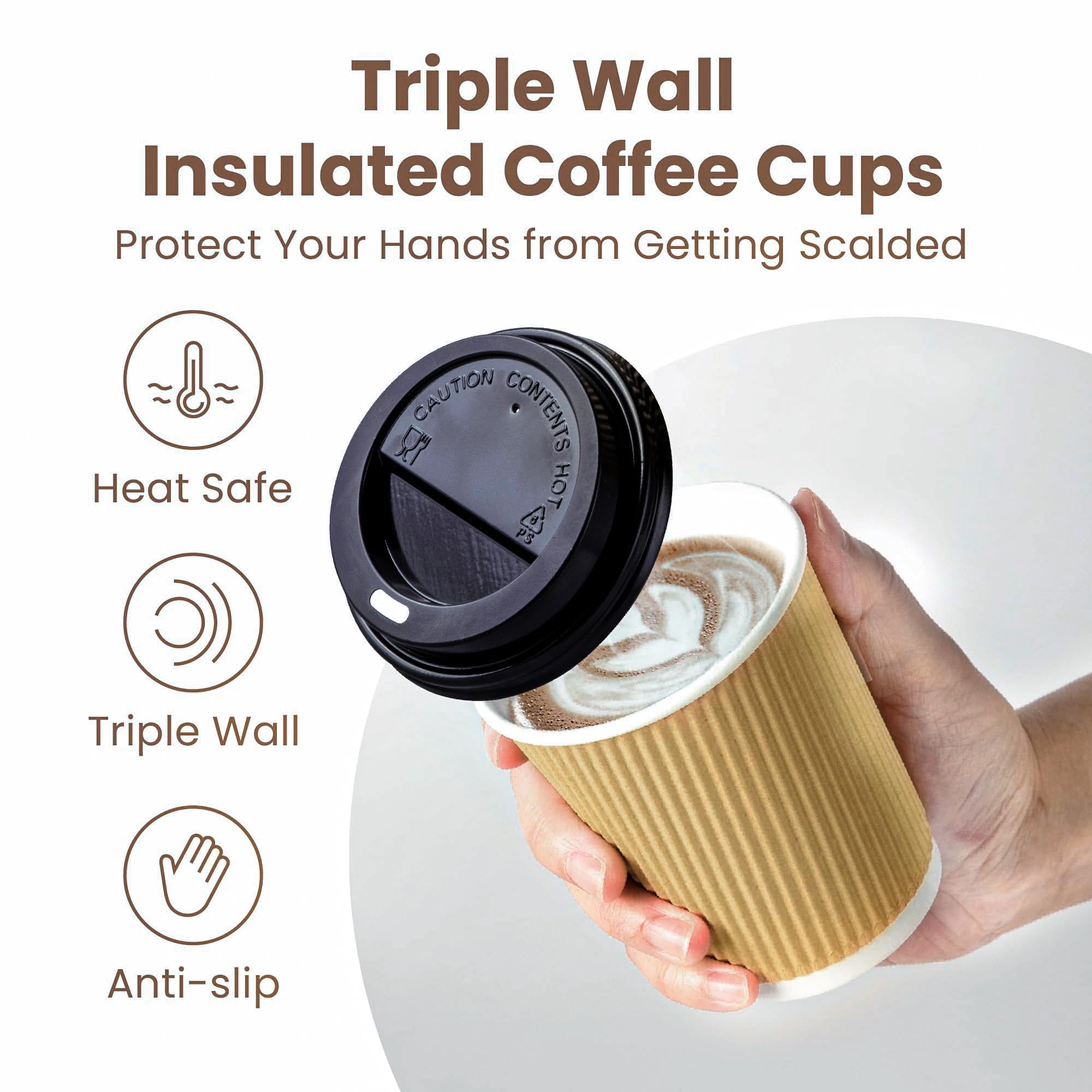 Fit Meal Prep [50 Pack] Disposable Hot Cups with Lids - 8 oz Brown Double Wall Insulated Ripple Sleeves Coffee Cups with Black Dome Lid - Kraft Paper Cup for To Go Chocolate  Tea  and Cocoa Drinks