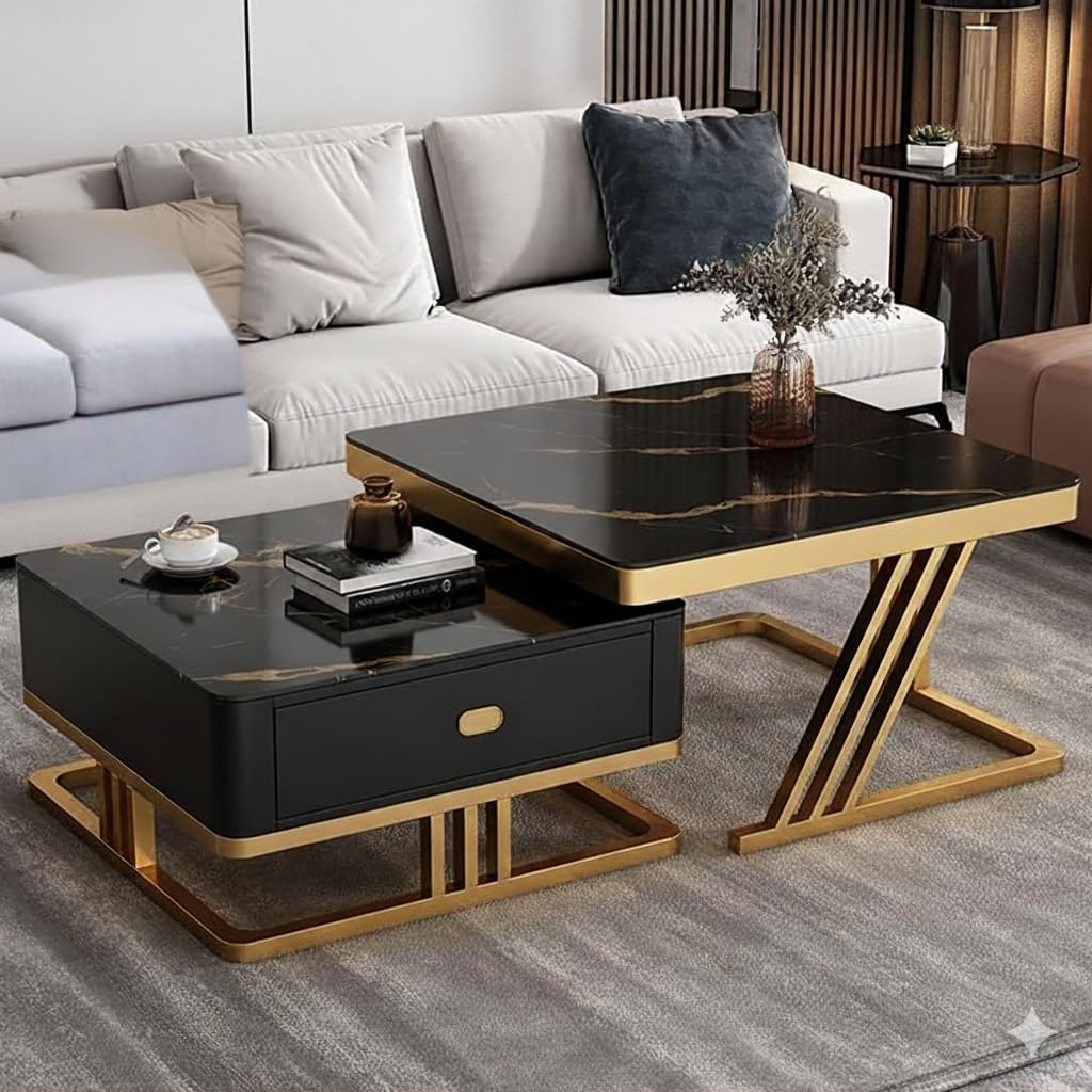 Wuhouze Set Of Two Square Stacking Nesting Coffee Table With Handmade Drawers, Wooden Top & Metal Frame Modern Center Couch Tabl