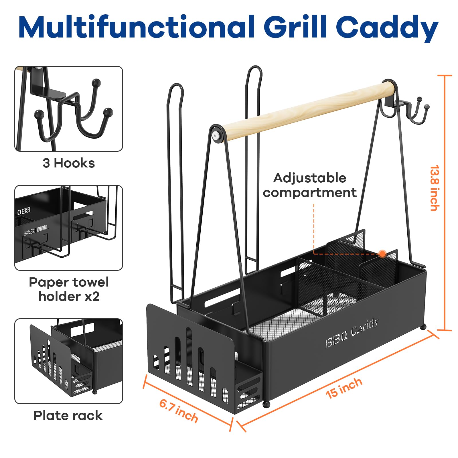 Grill Caddy For Outdoor Grill With 2 Paper Towel Holder, Wood Handle & 3 Hooks, Camper Accessories, Condiment Caddy, Plates, Cut