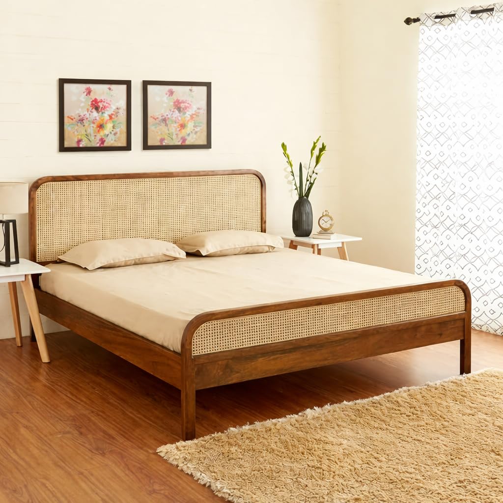 Smaart Craafts Rattan Queen Size Bed For Bedroom | Mango Wood Cane Queen Size Cot | Non Storage, Honey Finish | Mattress Size: 6