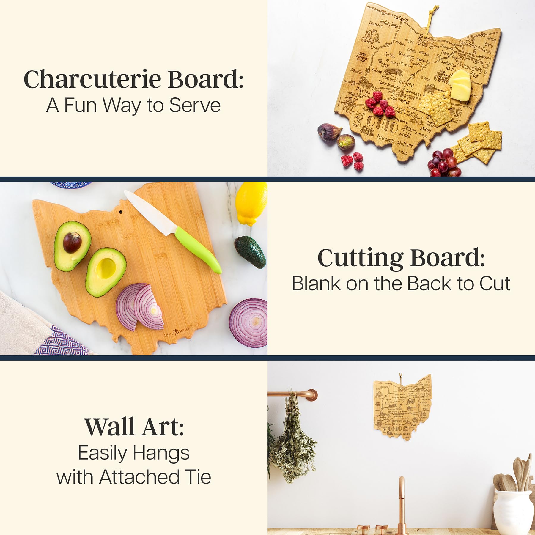 Totally Bamboo Destination Ohio State Shaped Cutting Board, Charcuterie and Cheese Serving Board - Ohio Gift for Home D  cor or