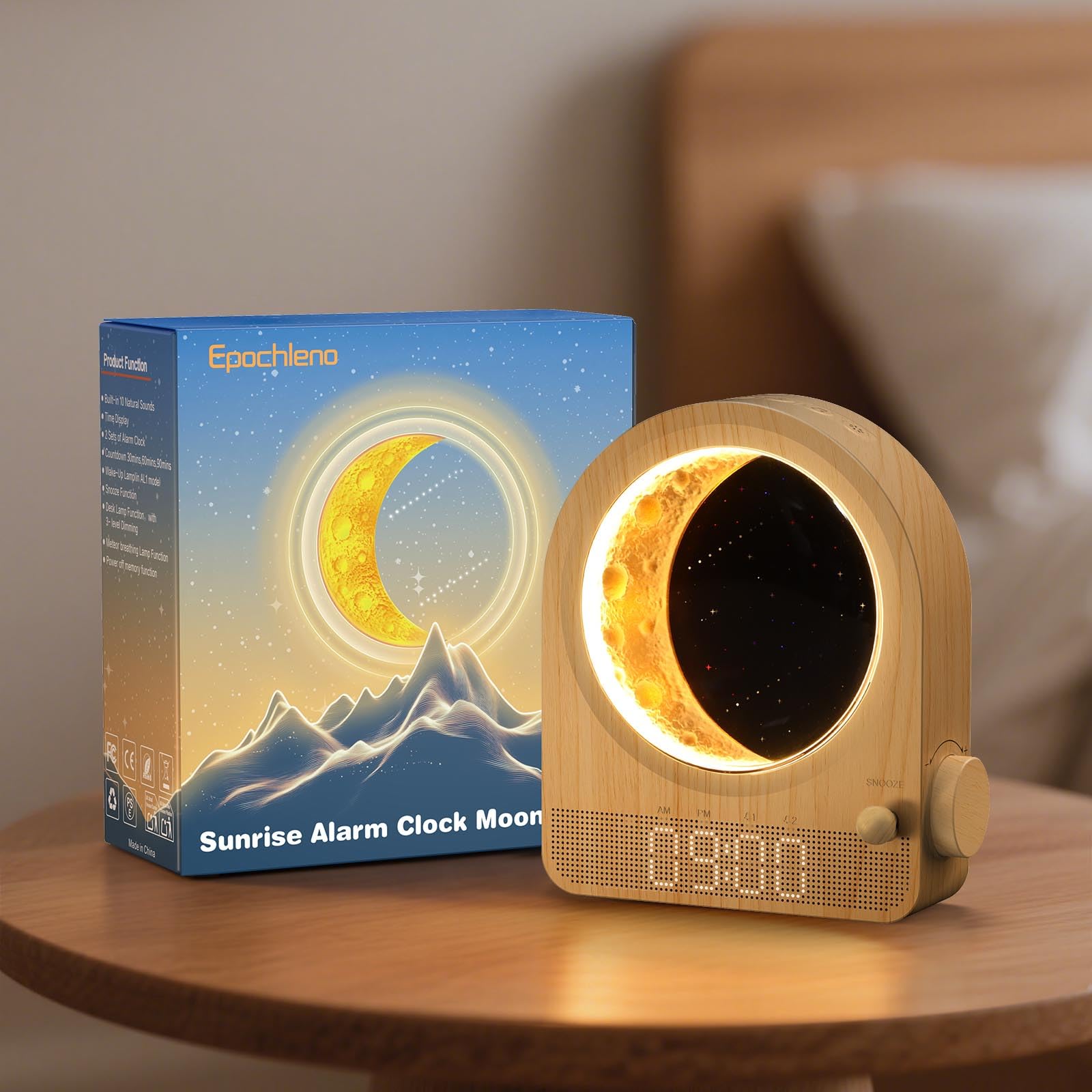 Epochleno Sunrise Alarm Clock, White Noise Machine & Meteor Moonlight - 10 Soothing Sounds, Dual Alarms, 30/60/90min Timer, Easy