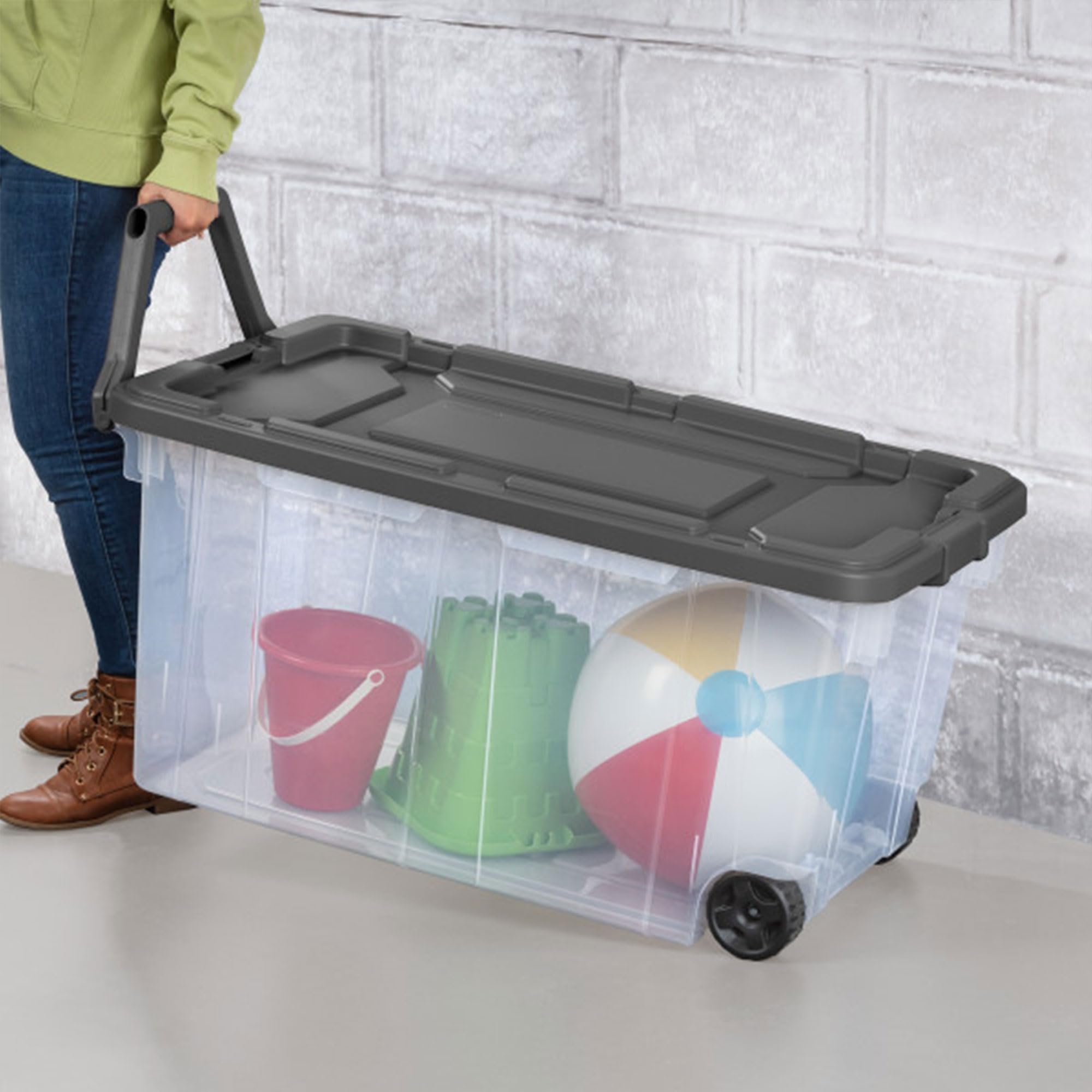 Sterilite 160 Quart Plastic Stacker Box, Lidded Storage Bin Container For Home And Garage Organizing, Shoes, Tools, Clear Base &