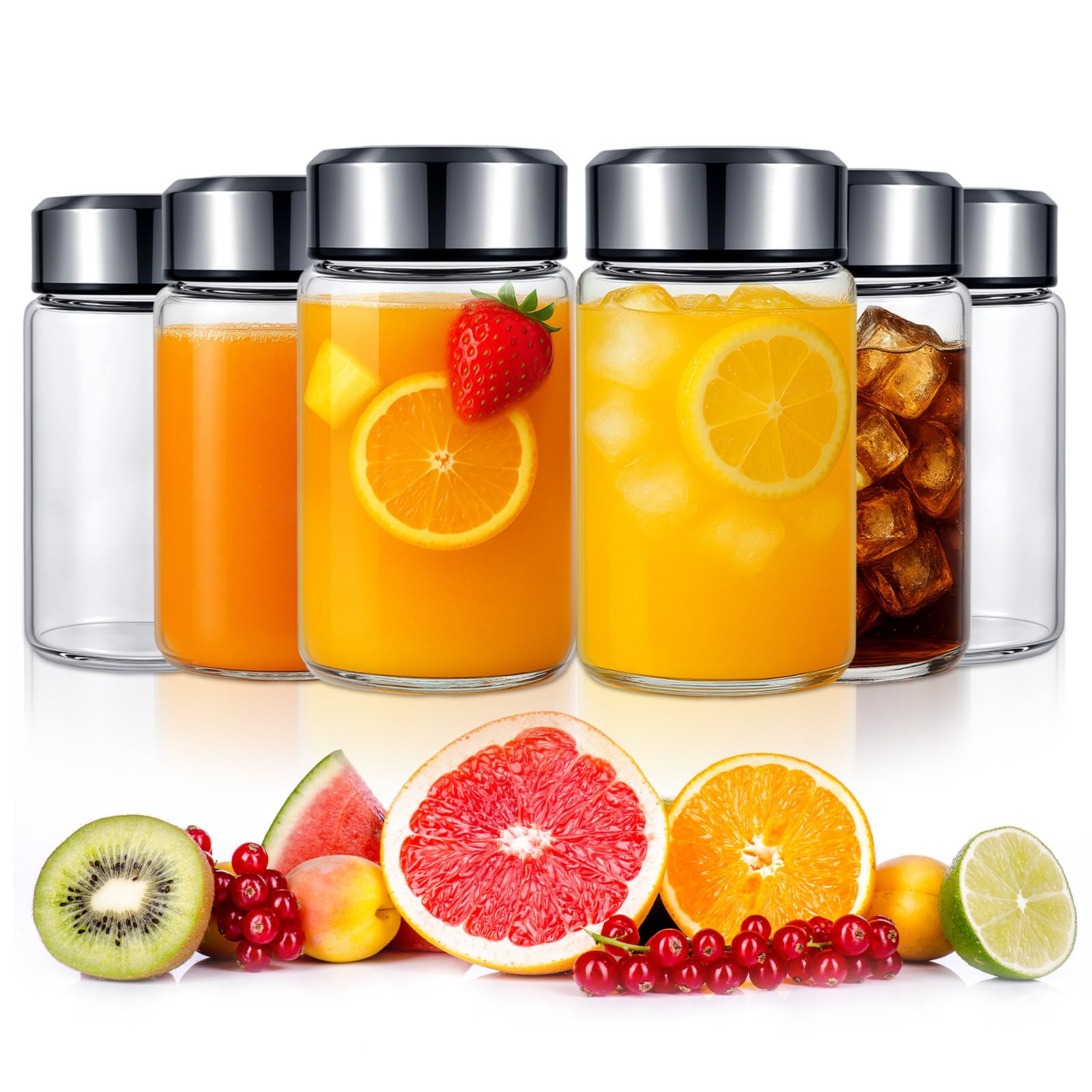 JOUTYFOR 6 Pack Glass Juice Bottles With Lids, 10 oz Reusable Glass Juice Bottles, Wide Mouth Stainless Steel Lids for Juicing, 